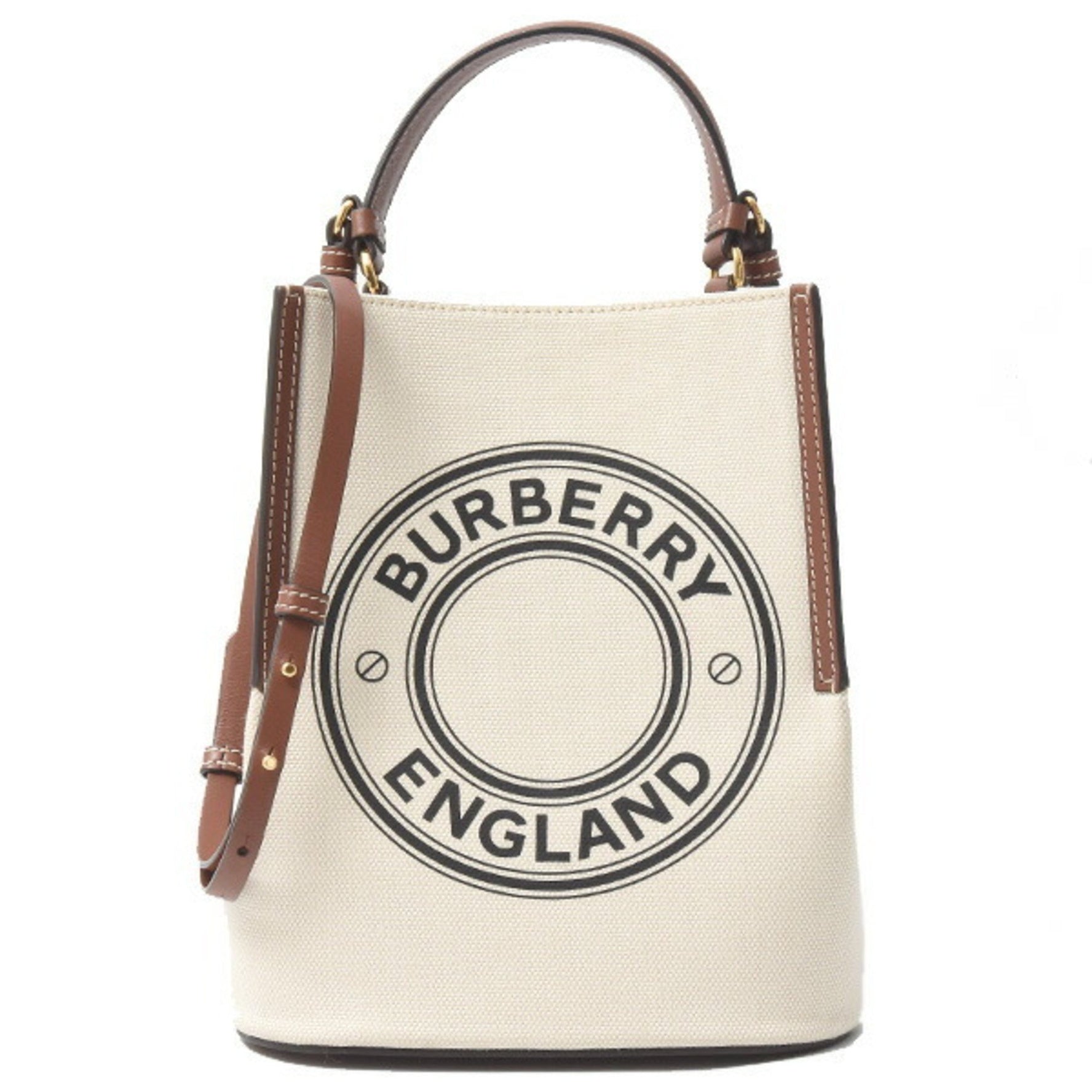 Burberry Women's Pekey Bucket Bag Shoulder Cotton Canvas x Calf Leather White Brown BURBERRY