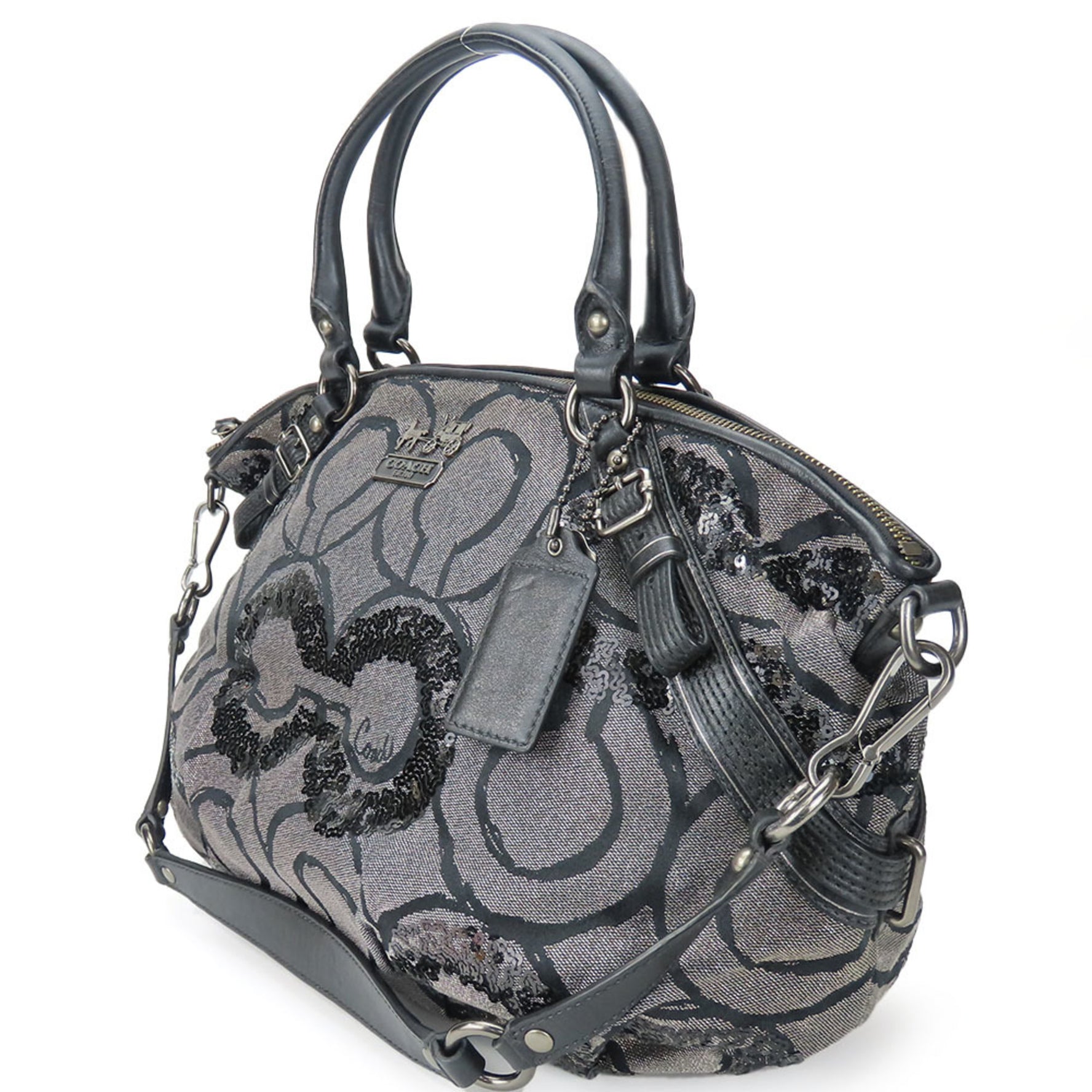 Coach Handbag Op Art Madison Canvas Leather Sequins Black Silver Shoulder Hardware