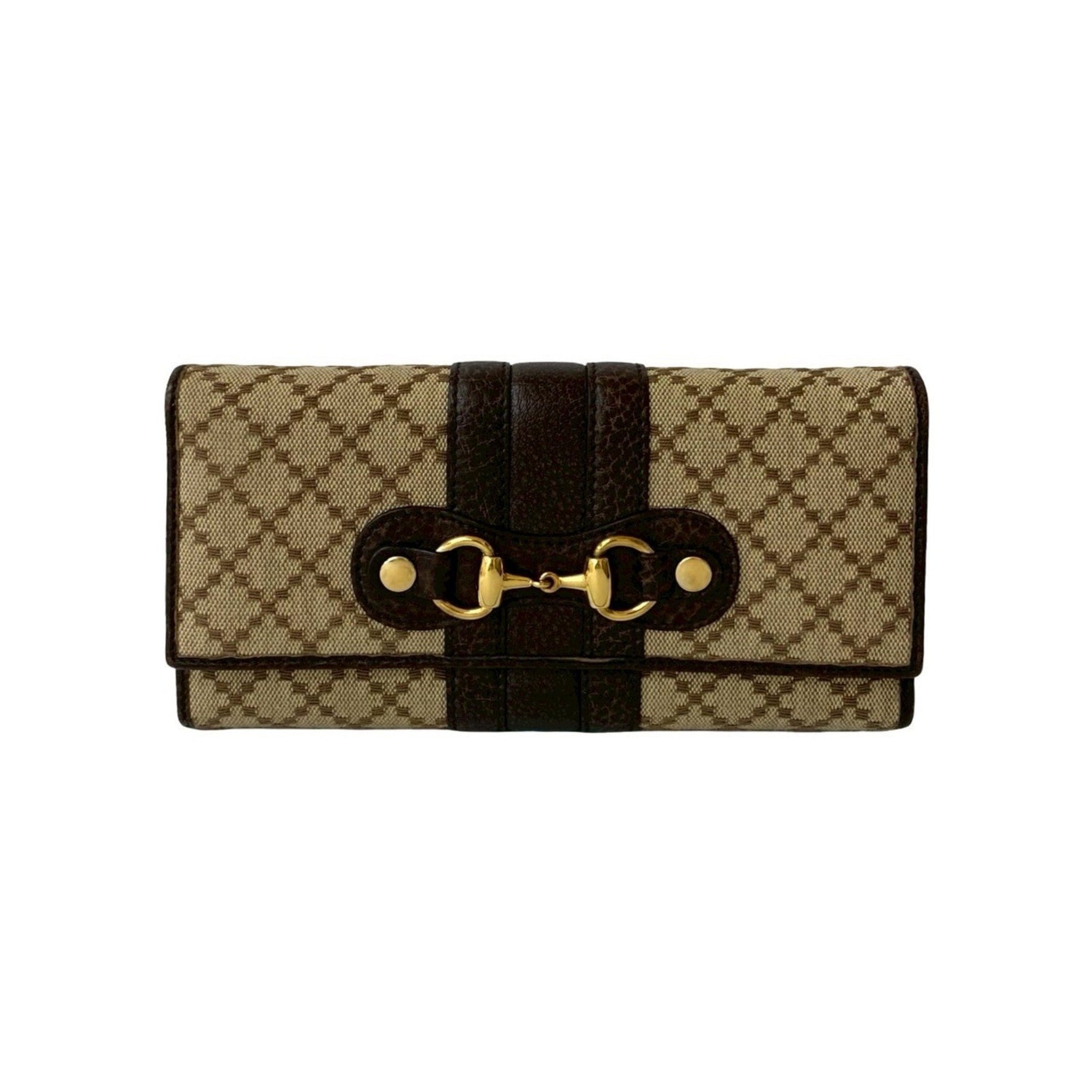 GUCCI Diamante Horsebit Leather and Canvas Bifold Wallet in Beige Brown