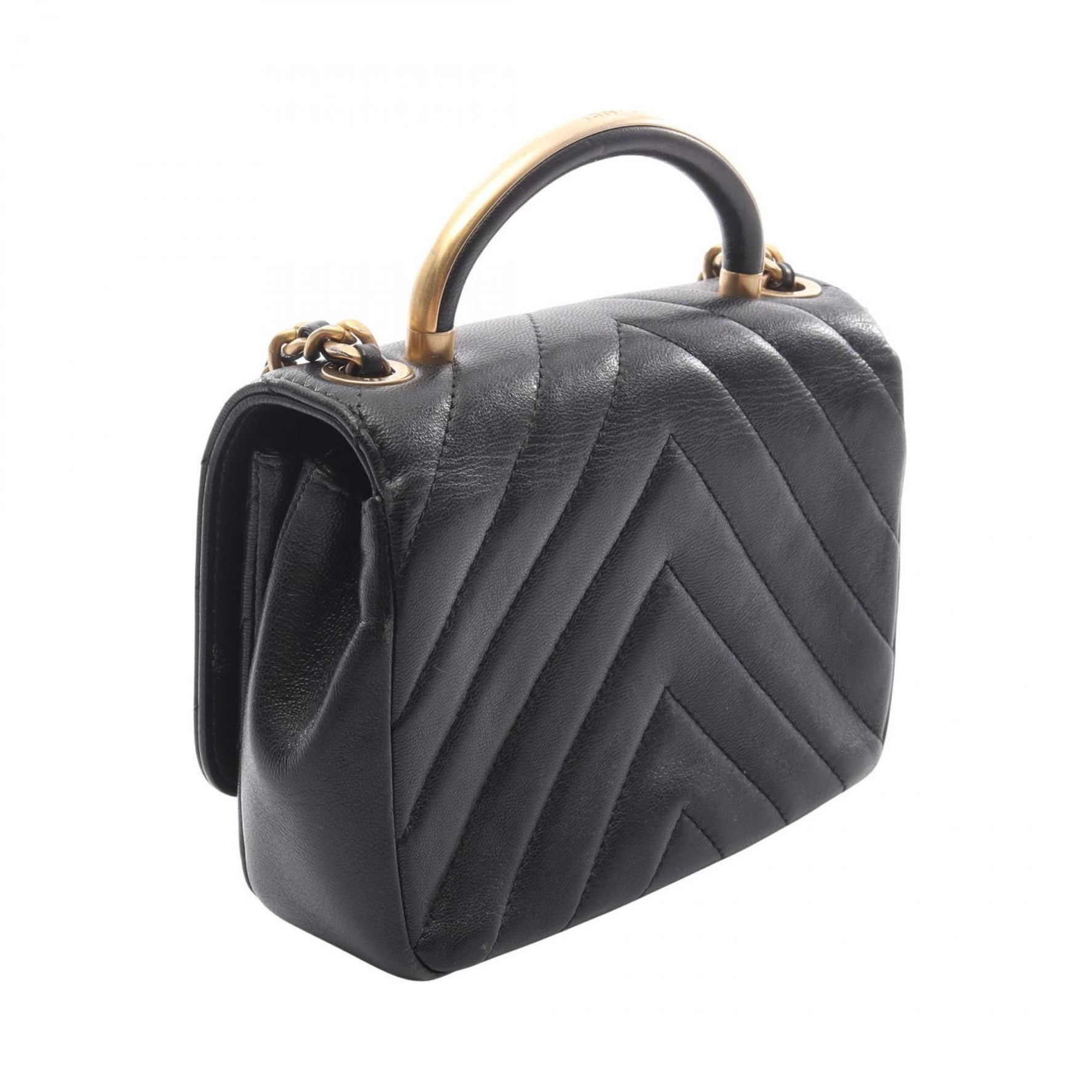 CHANEL Chevron V-Stitch Top Handle Shoulder Bag Leather