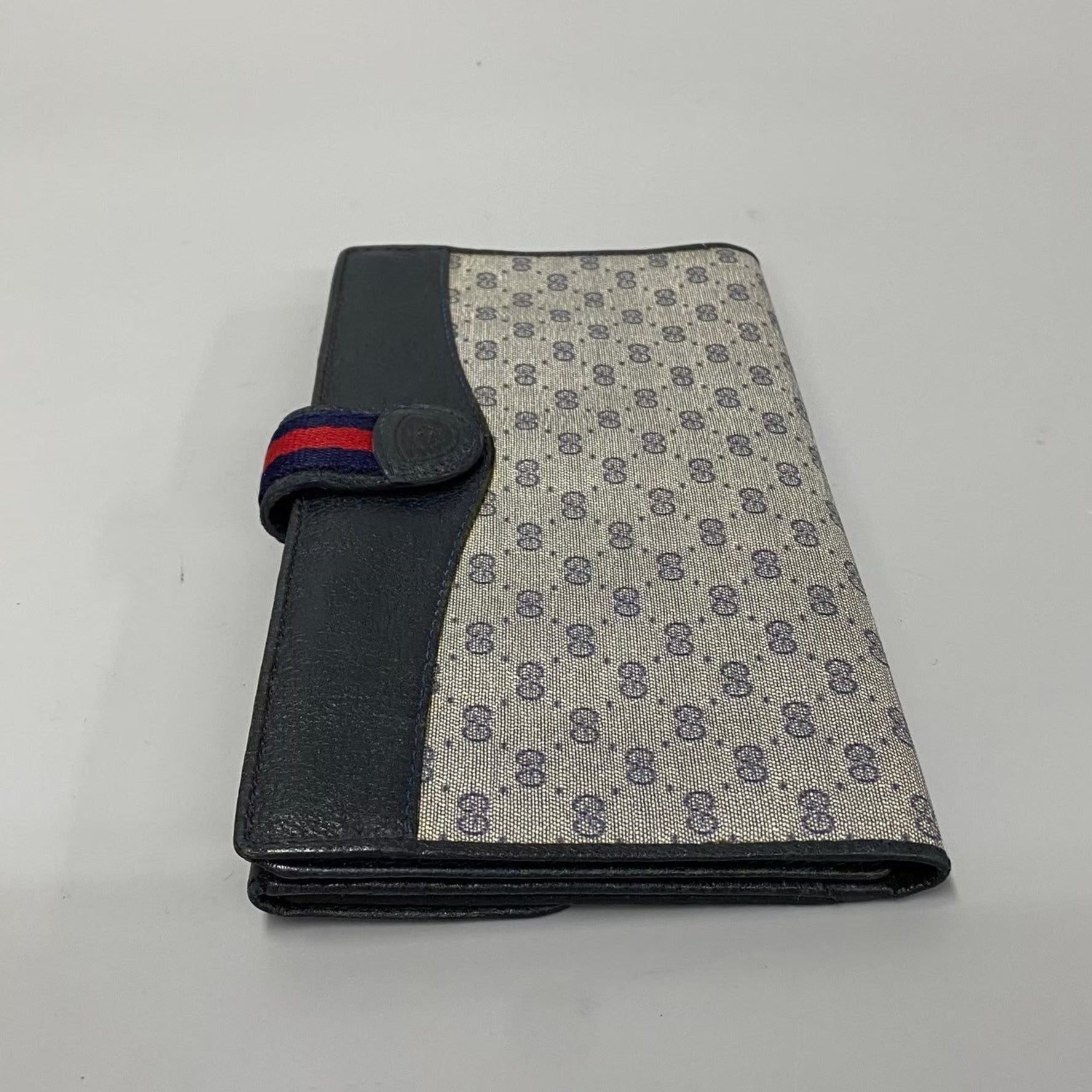GUCCI Old Sherry Line Micro GG Pattern Leather Bi-fold Long Wallet Navy