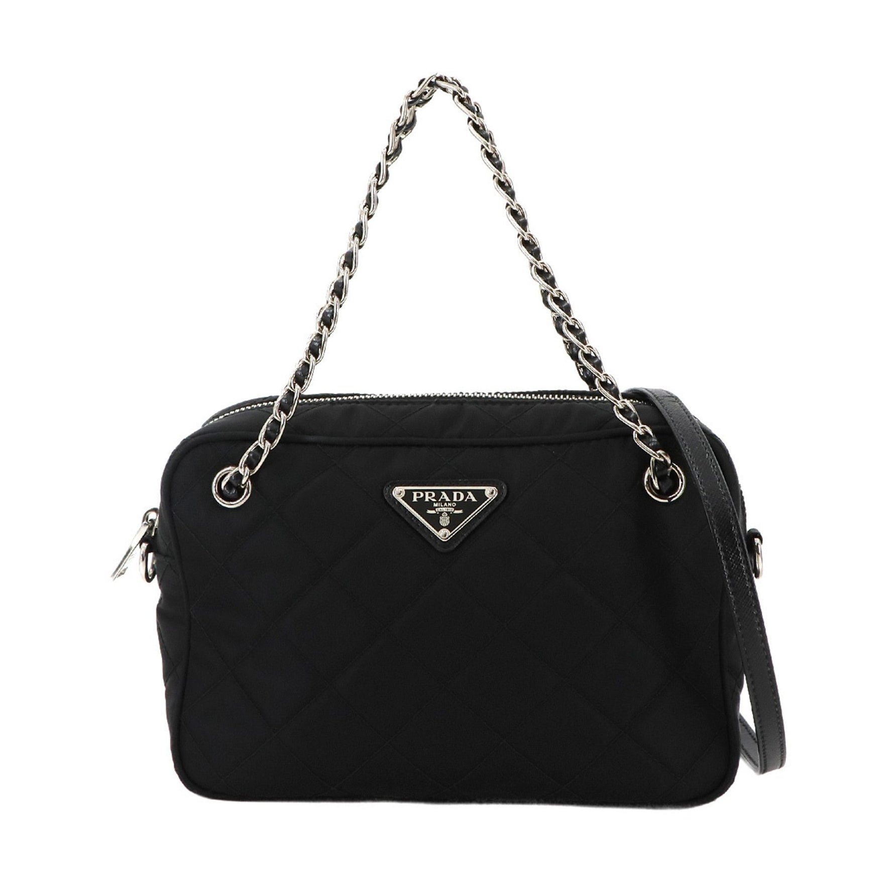 Prada chain hand/shoulder bag in nylon and Saffiano leather, with silver hardware quilted lining