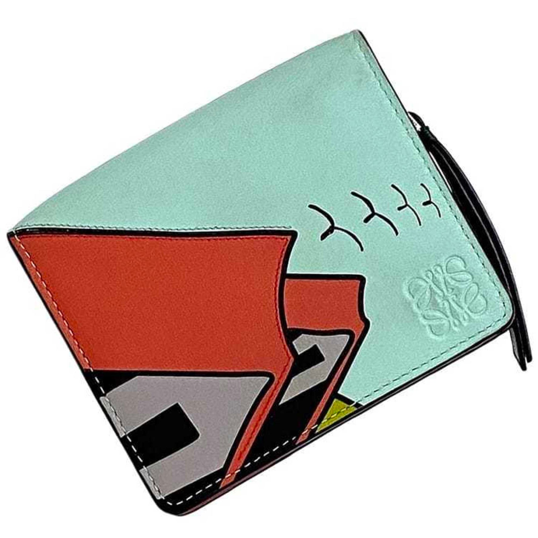 LOEWE Bi-fold Wallet ec-23031 Light Blue Red Anagram Kenprise Leather Illustration Collaboration Engraved Compact Folding