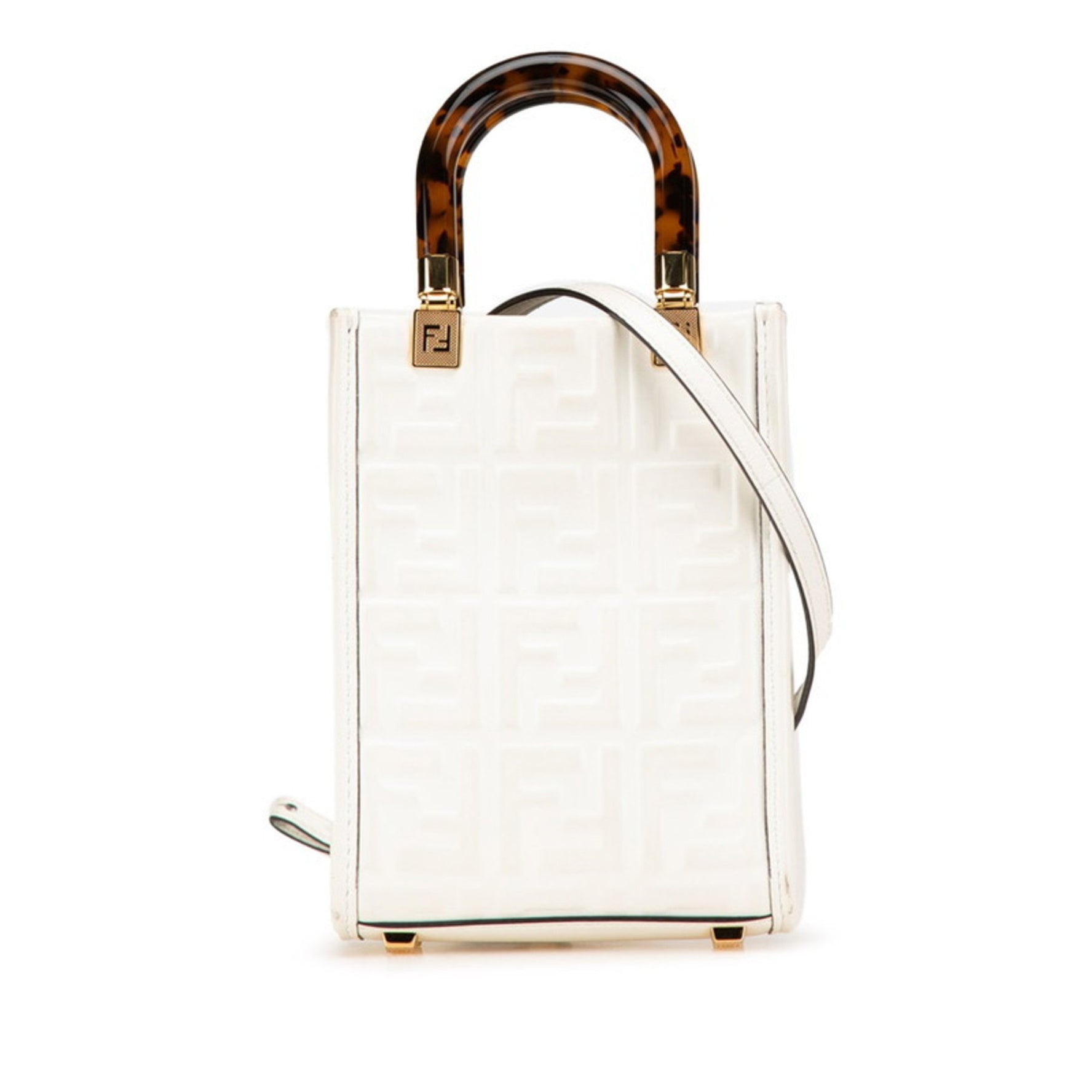 FENDI Sunshine Shopper Handbag Shoulder Bag White Brown Leather