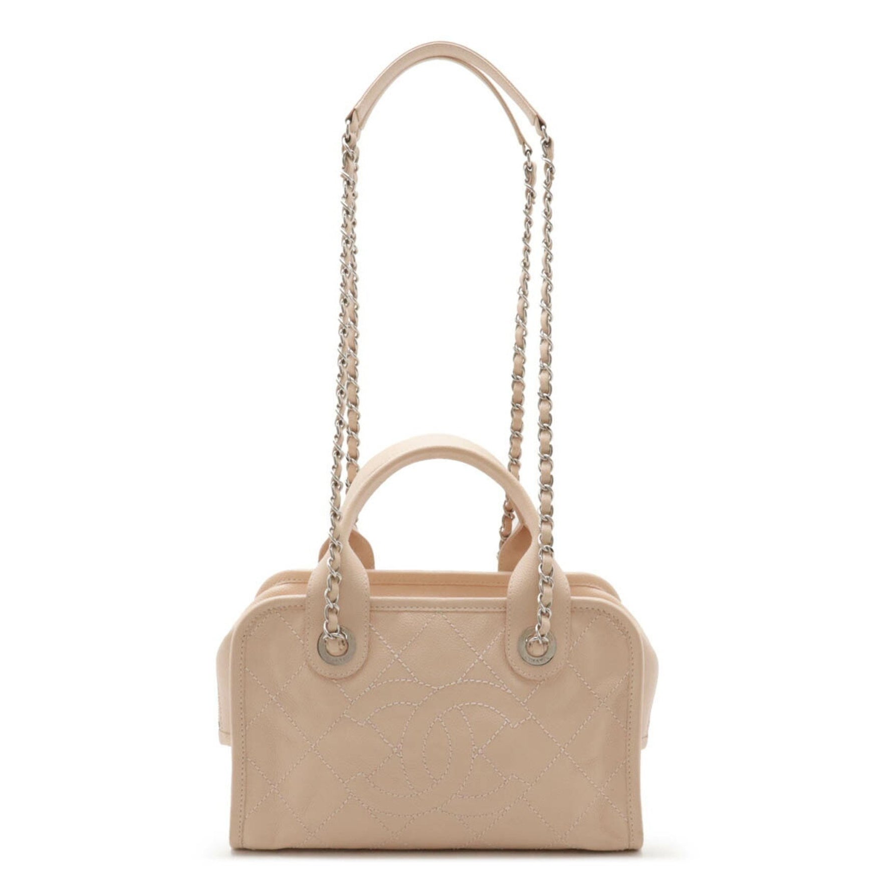 CHANEL Coco Mark Deauville Bowling Bag Handbag Chain Shoulder Caviar Skin Light Pink Beige