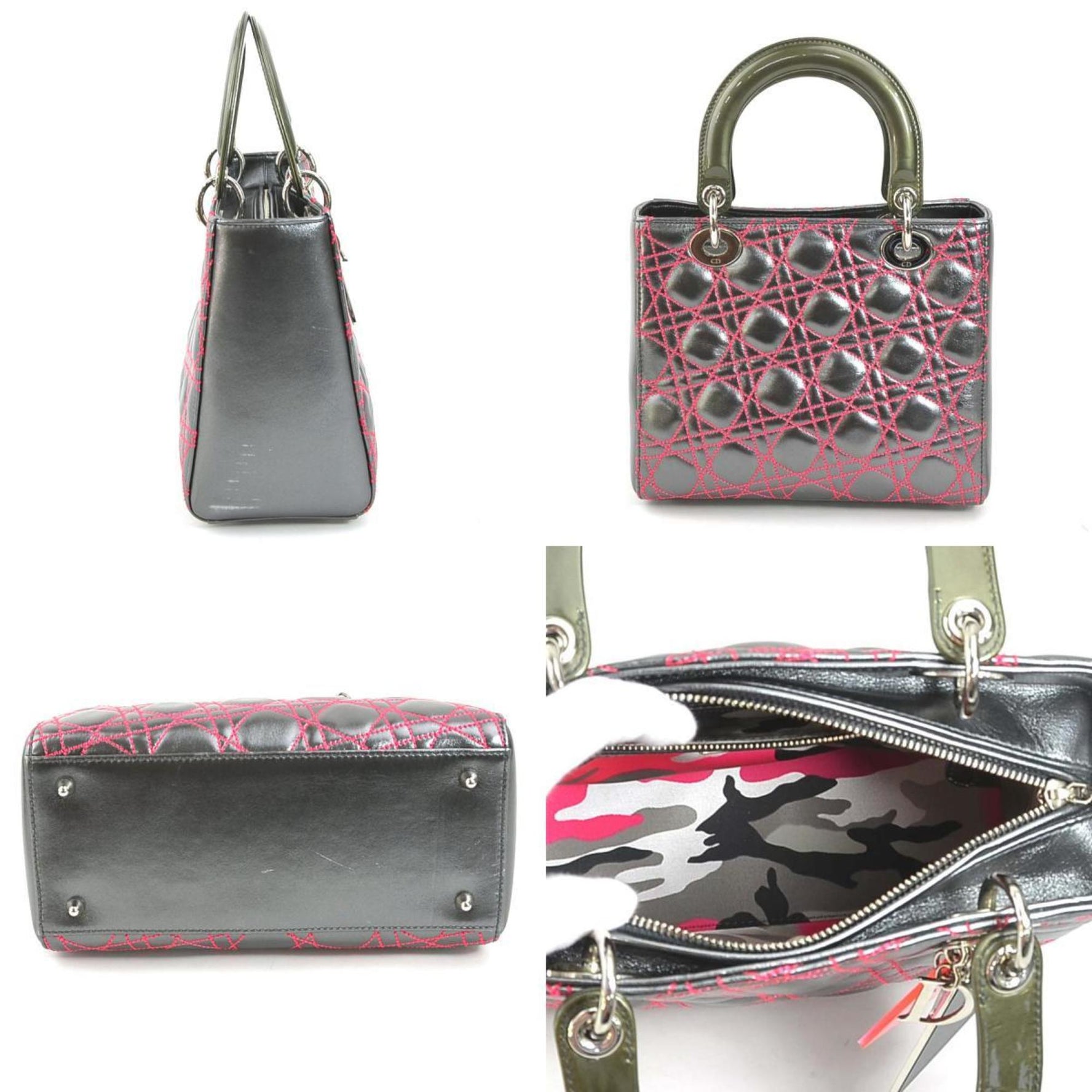 Christian Dior handbag shoulder bag Lady Anselme Lyle leather metallic green silver