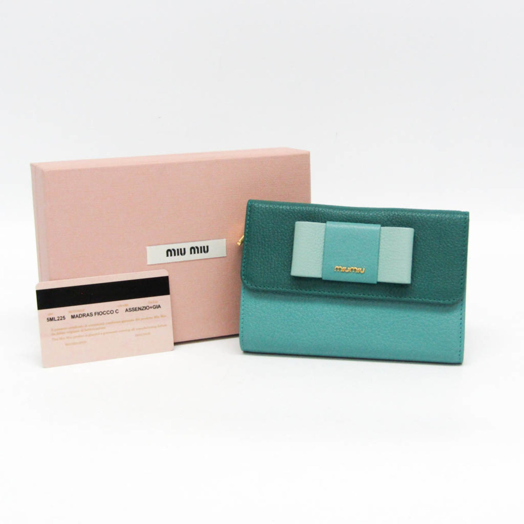Miu Miu Ribbon Leather Middle Wallet (tri-fold) Green,Light Blue