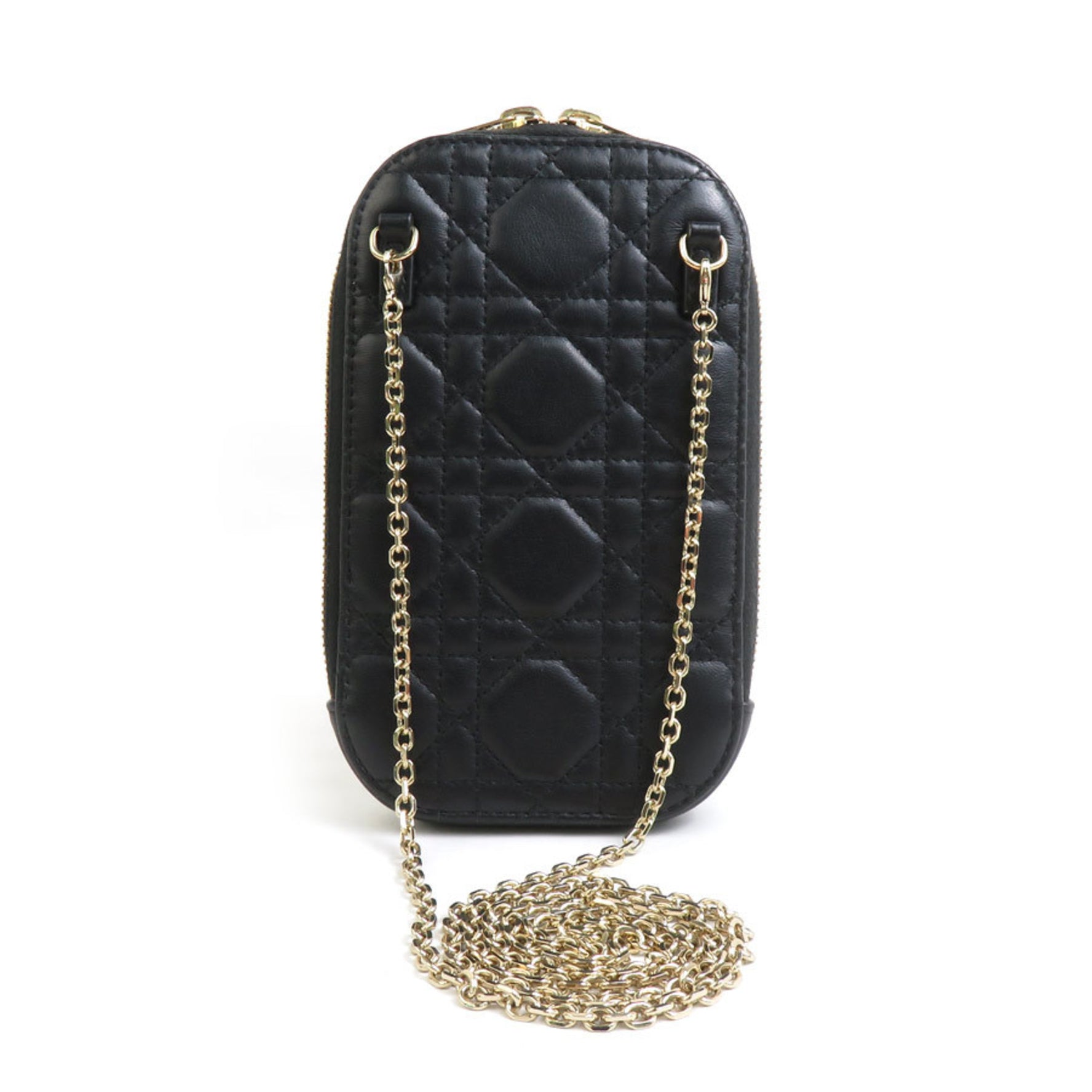 Christian Dior Phone Holder Shoulder Bag Leather Metal Black Gold