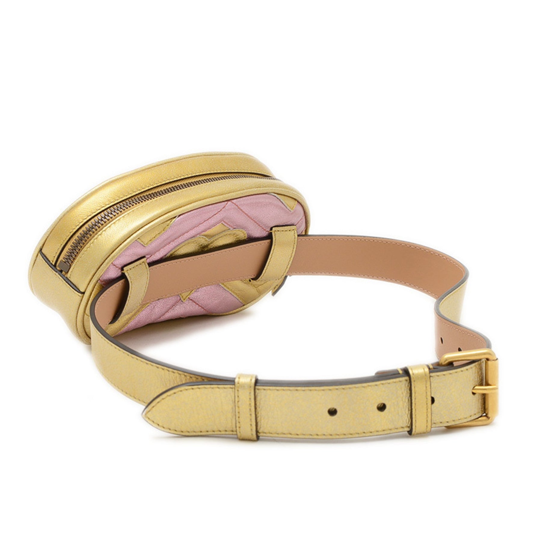 Gucci GG Marmont Quilted Body Bag Belt Leather Gold Pink BP