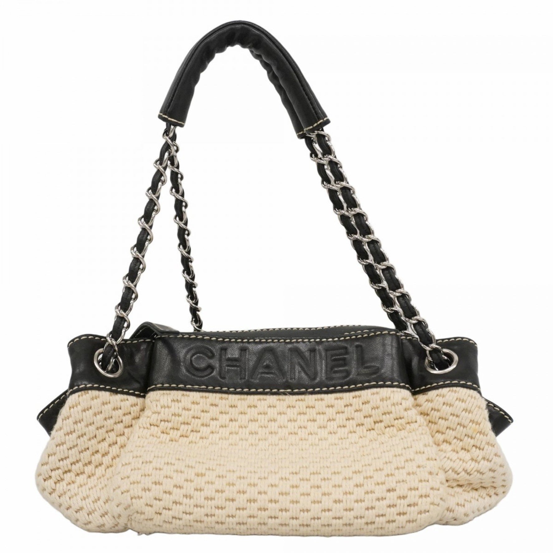 Chanel Shoulder Bag Chain Canvas Beige Black
