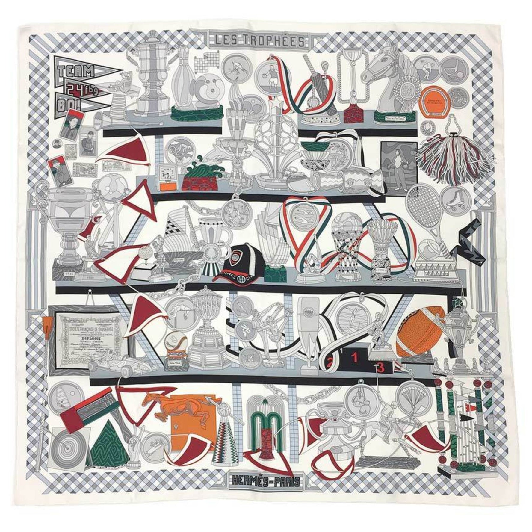 HERMES Les Trophies Carré 90 Scarf, White, 100% Silk
