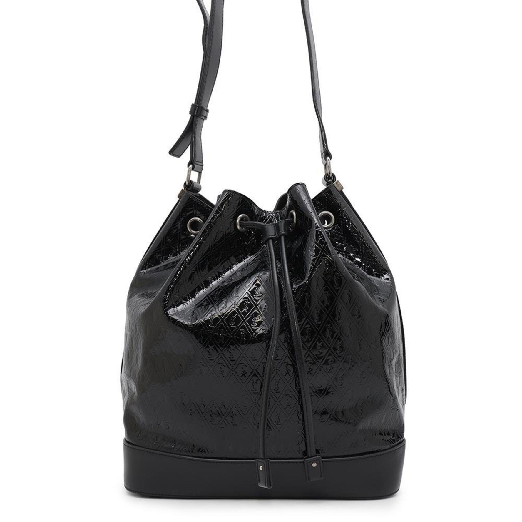 Saint Laurent Shoulder Bag Monogram Allover Bucket Patent Leather Black