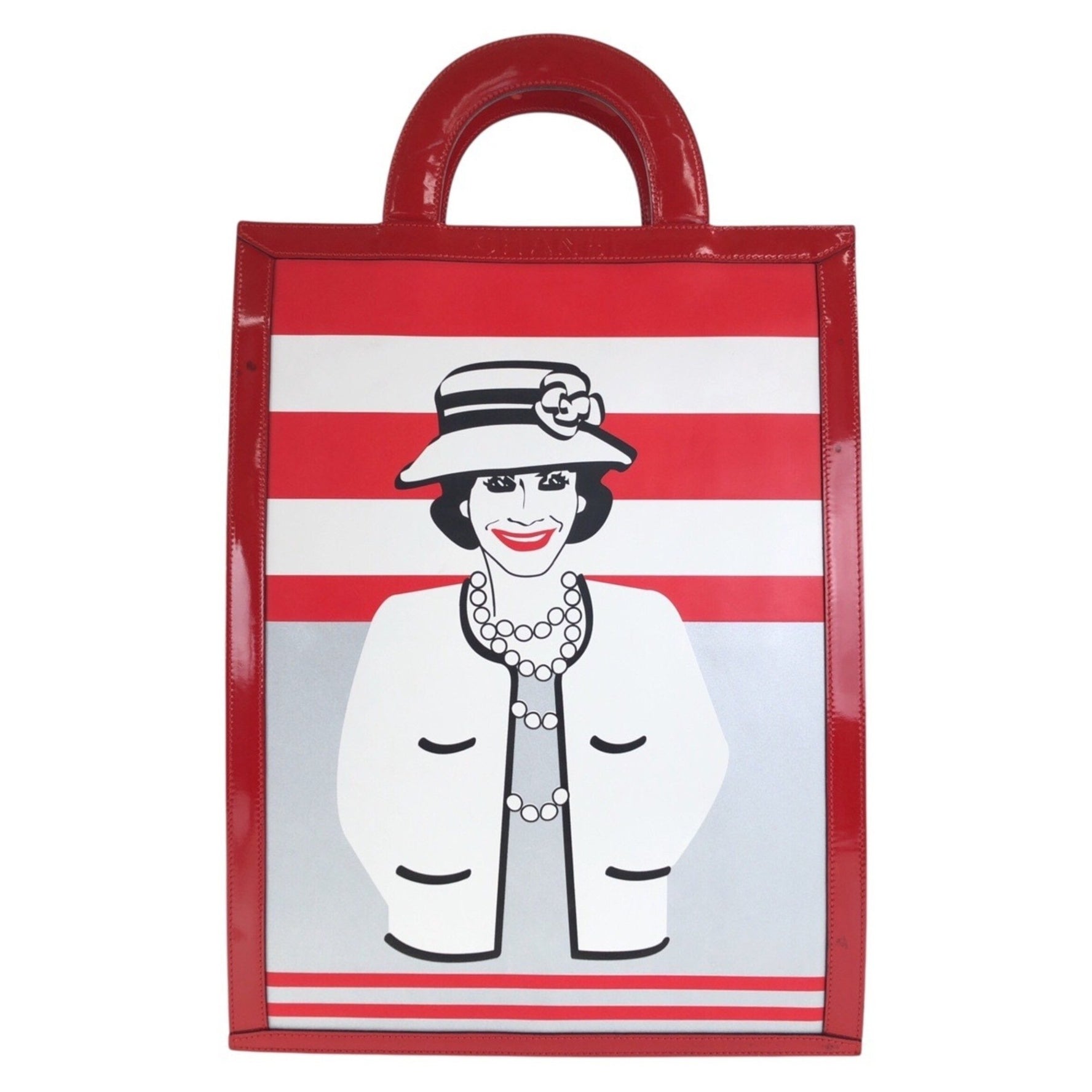 CHANEL Vintage Chocolate Bar Mademoiselle Coco Red, White, Black Enamel Canvas and Leather Tote Bag Handbag