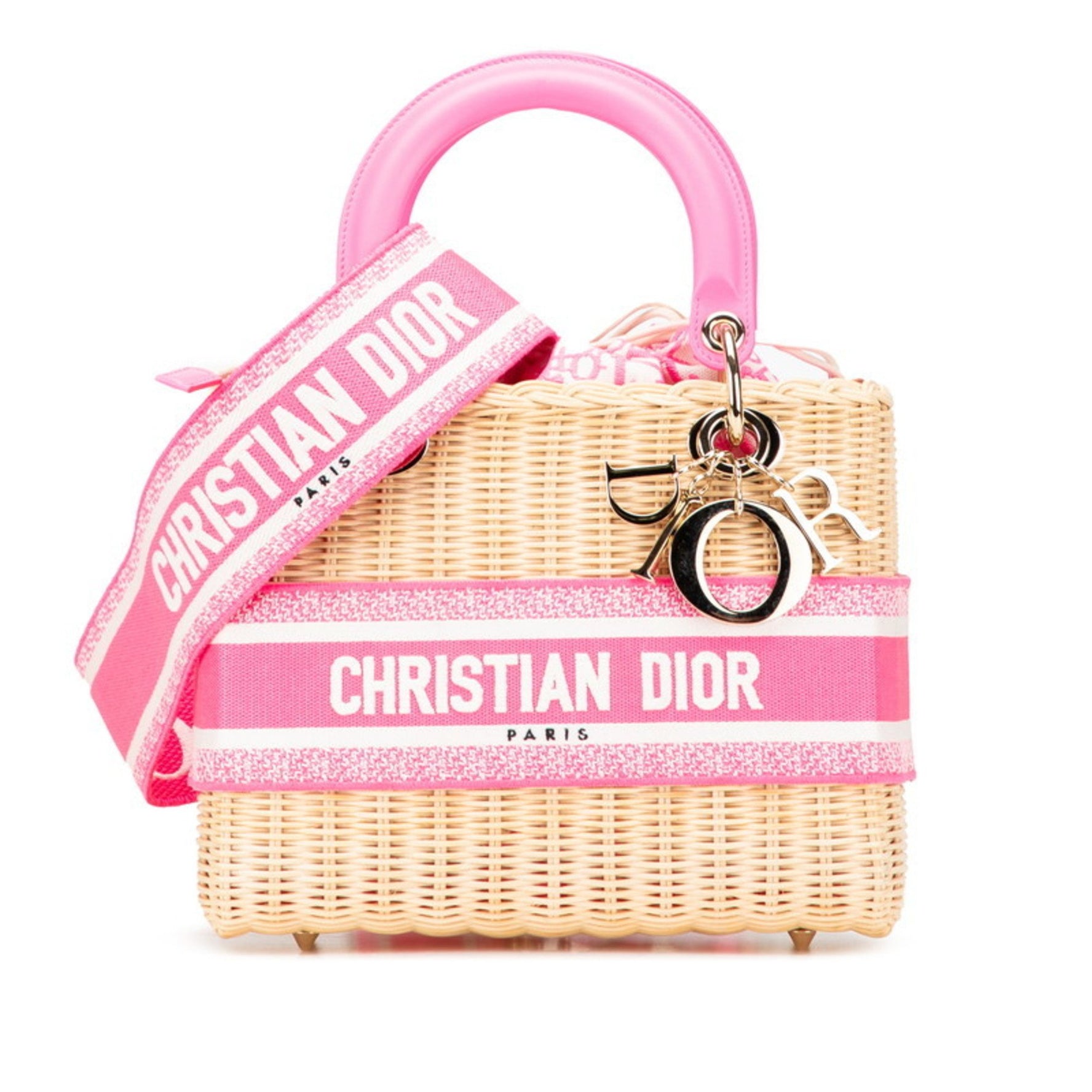 Christian Dior Dior Lady Wicker Handbag/Shoulder Bag, Beige, Pink, Rattan, Canvas, Leather