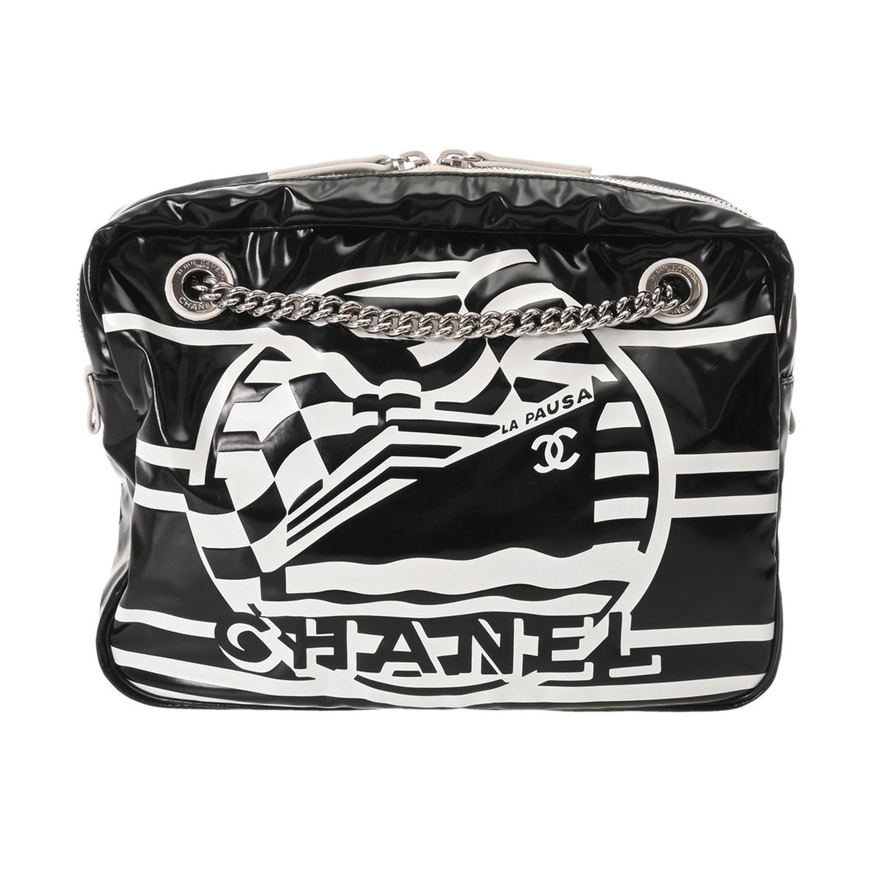 CHANEL LA PAUSA Chain Shoulder Bag from the 2019 Cruise Collection in Black/White, Coated Canvas