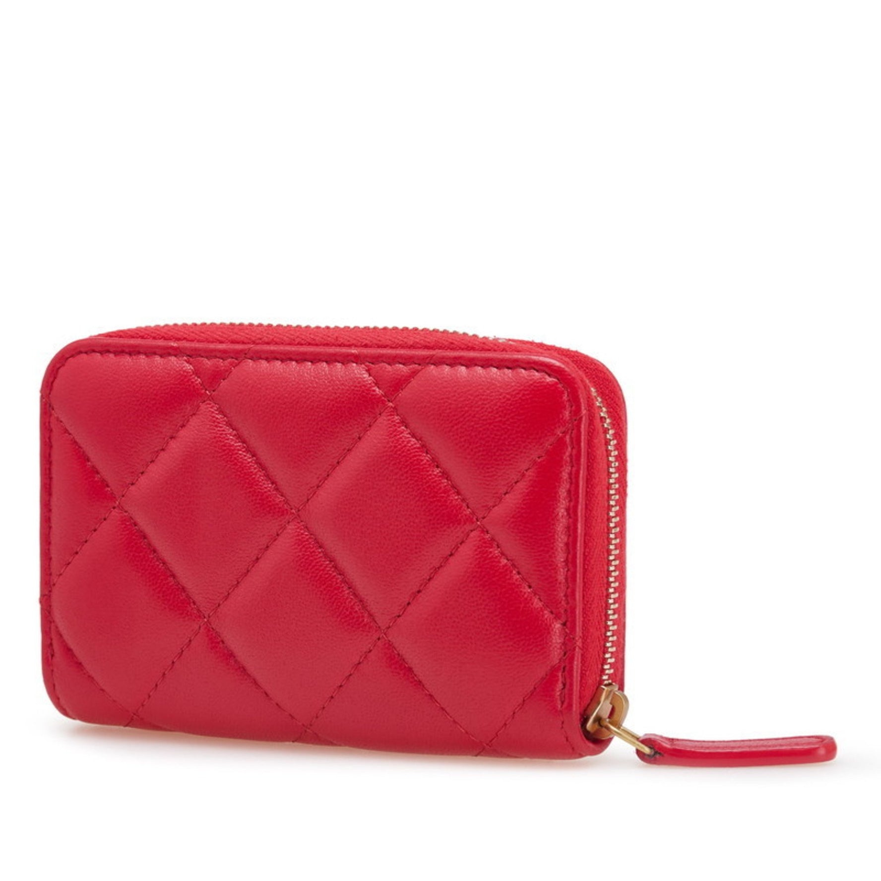 CHANEL Matelasse Coco Mark Heart Round Zipper Coin Case Red Lambskin