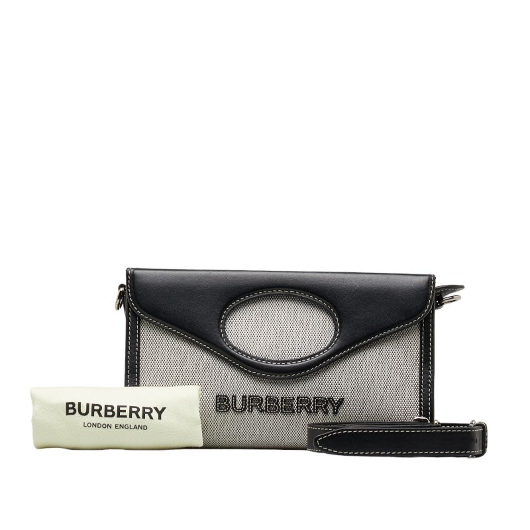 Burberry Horseferry Handbag Shoulder Bag Grey Black Cotton Canvas Leather Women's BURBERRY