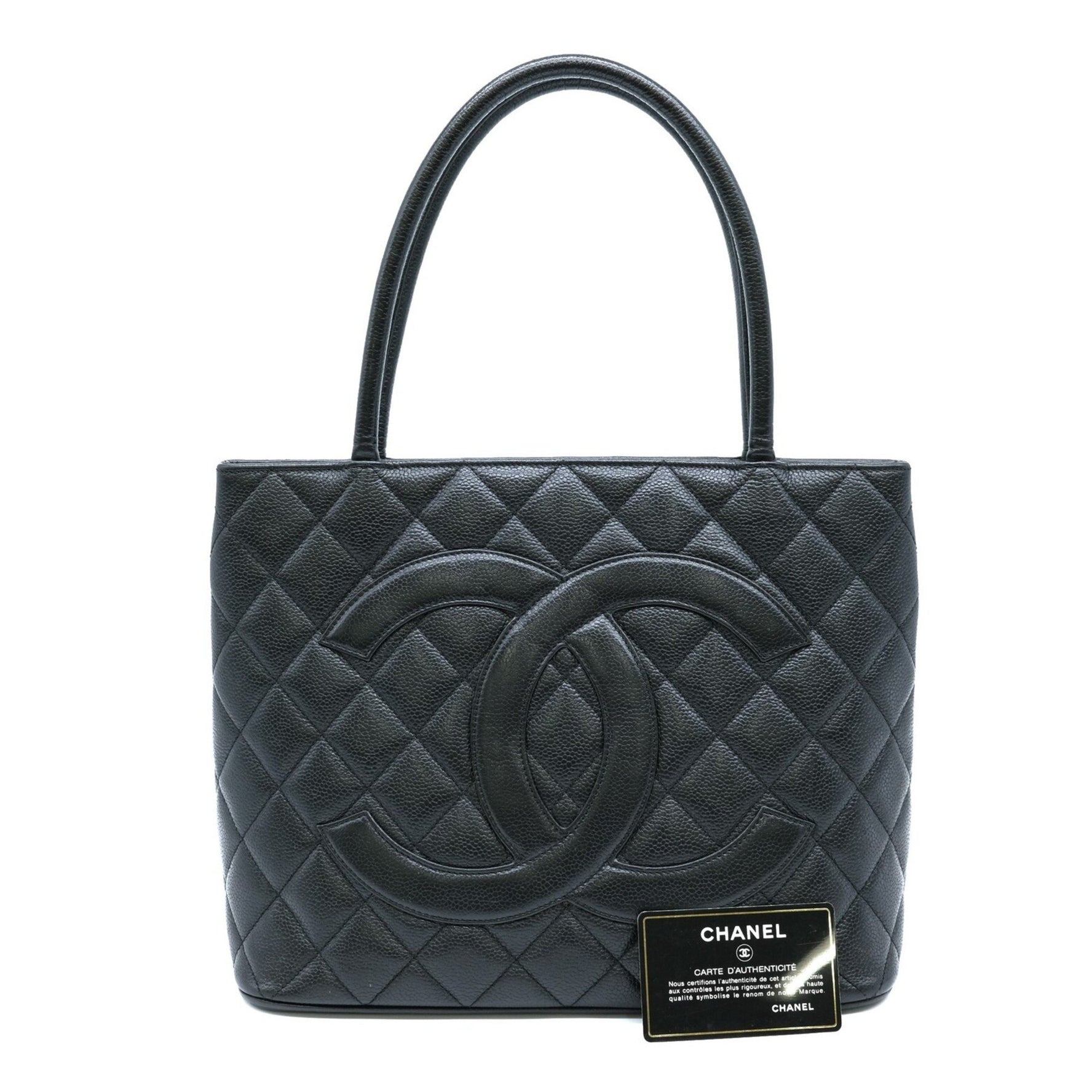 CHANEL Caviar Skin Reproduction Tote Bag Handbag Black Chanel Card Included Coco Mark A01804