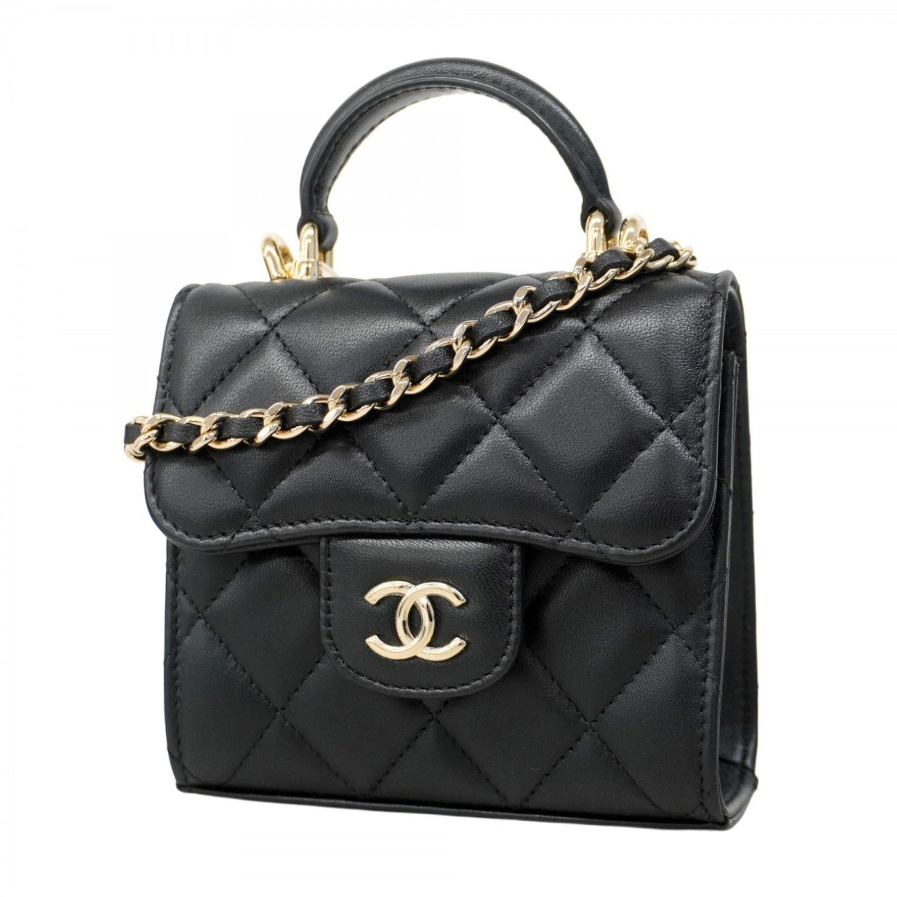 Chanel Matelasse Shoulder Bag with Chain Bag, Lambskin, Black, Champagne, Women's