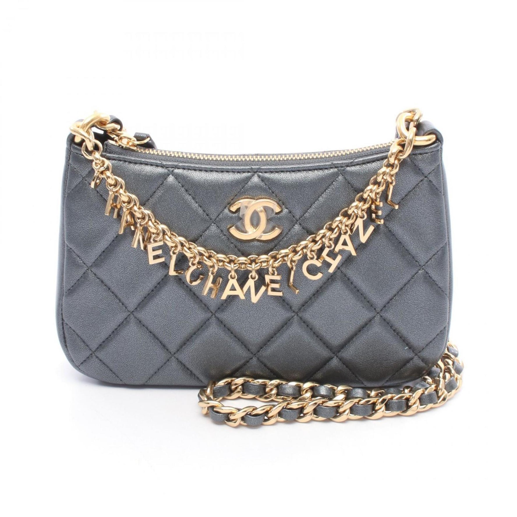 CHANEL Matelasse Coco Mark Shoulder Bag, Lambskin Leather, Women's, Gray, AP3847