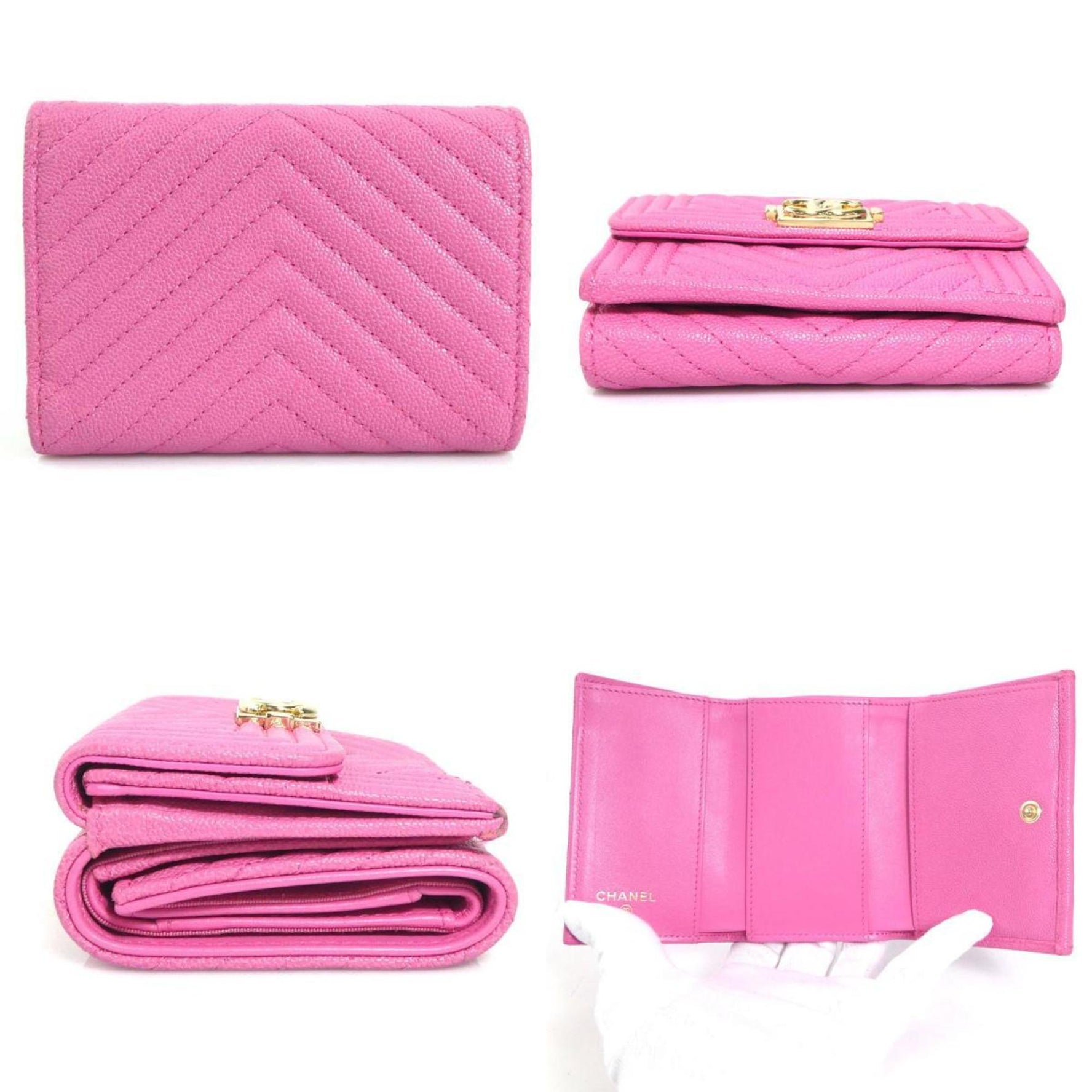 CHANEL Tri-fold Wallet Boy Chanel Caviar Skin Leather Pink Gold Women's 55847g