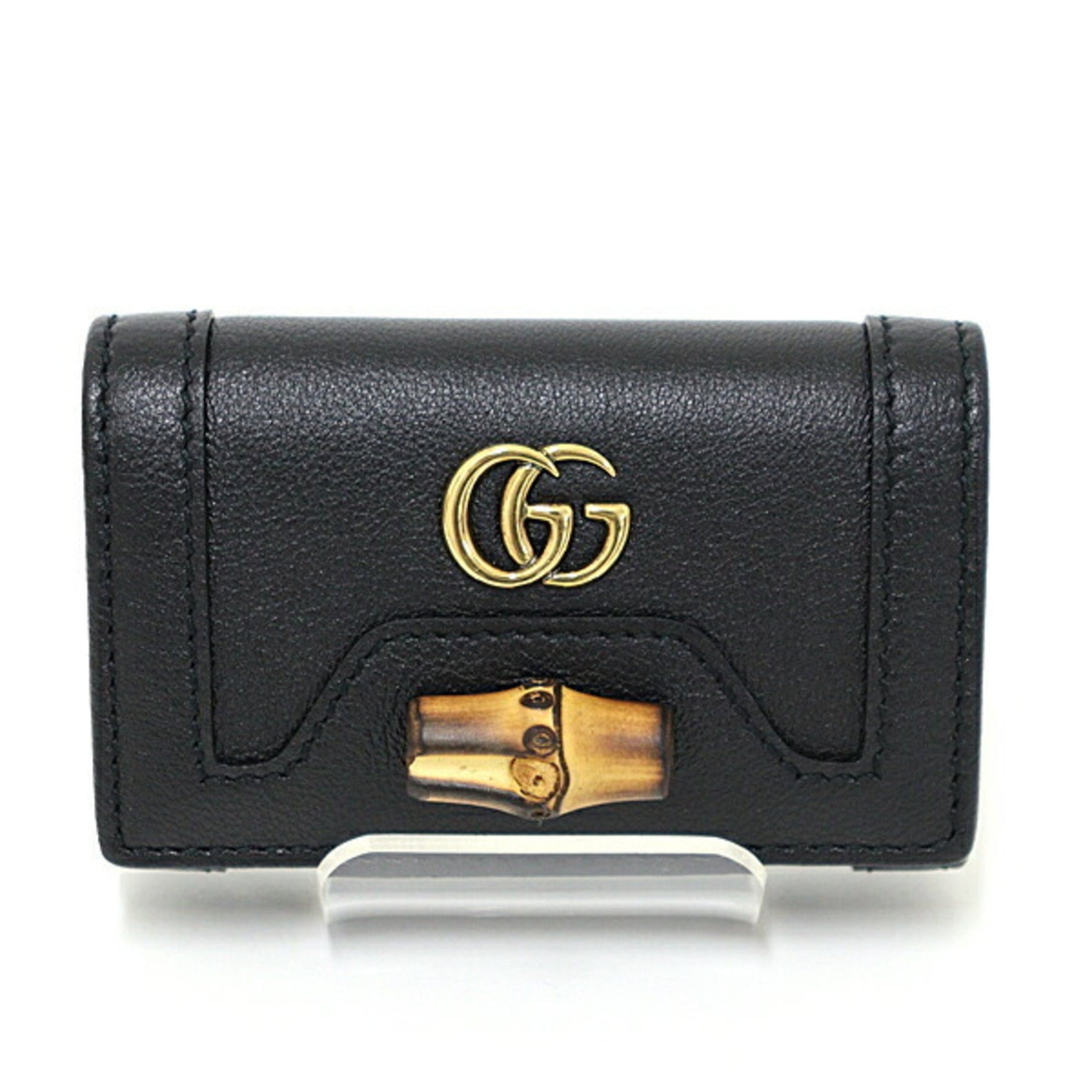 GUCCI Diana Key Case Black Bamboo Leather Double G Unused