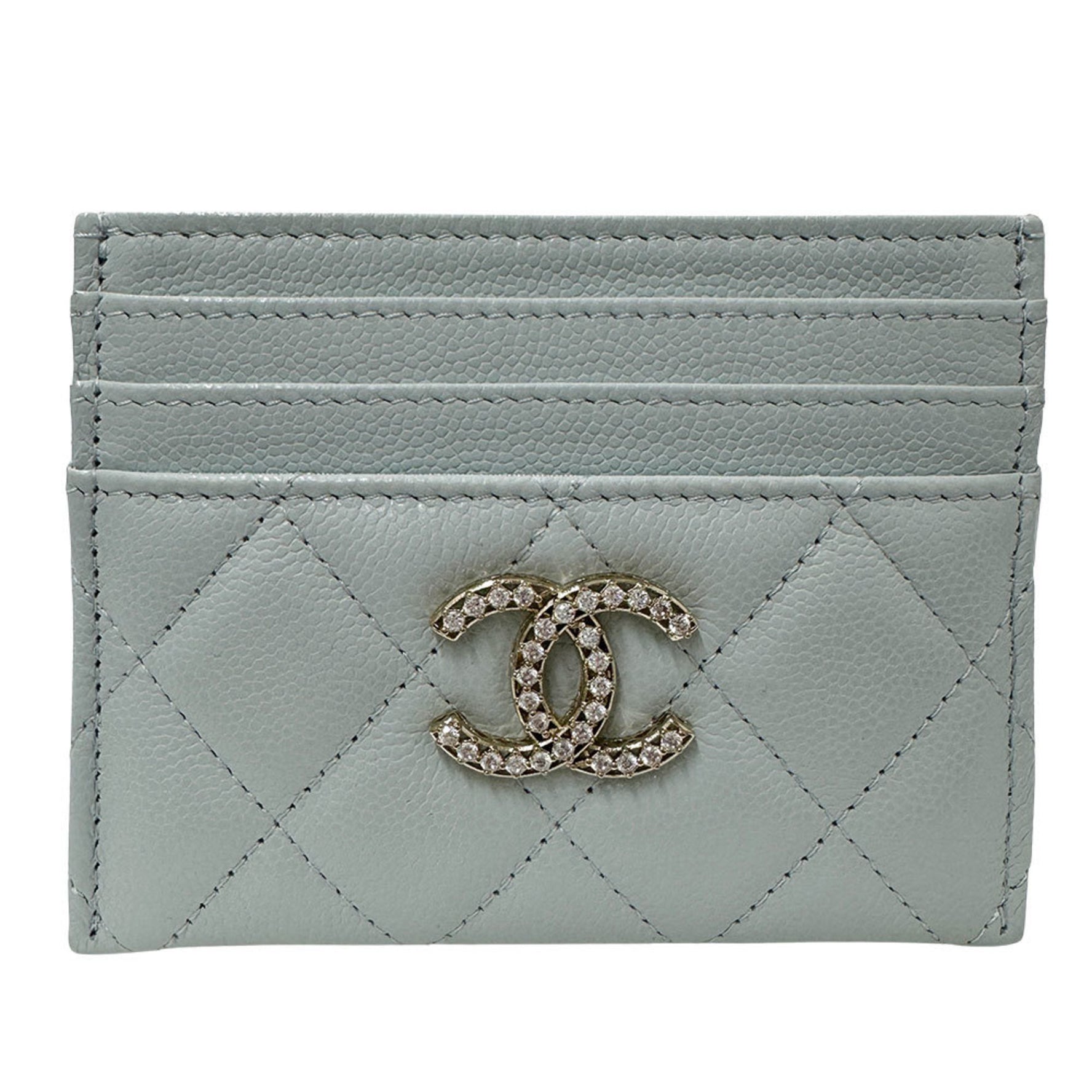 CHANEL Matelasse Business Card Case, Caviar Leather, Light Blue, Gold Hardware, Rhinestones