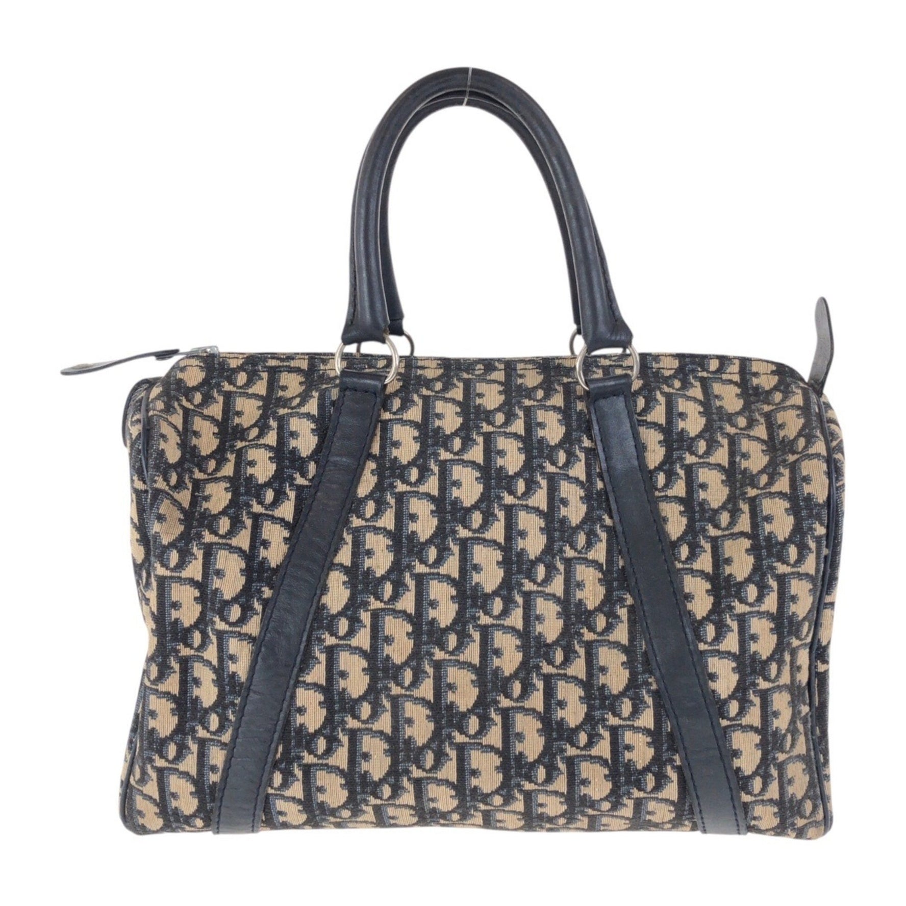 Christian Dior Dior Vintage Trotter navy/beige canvas/leather handbag/Boston bag with silver hardware