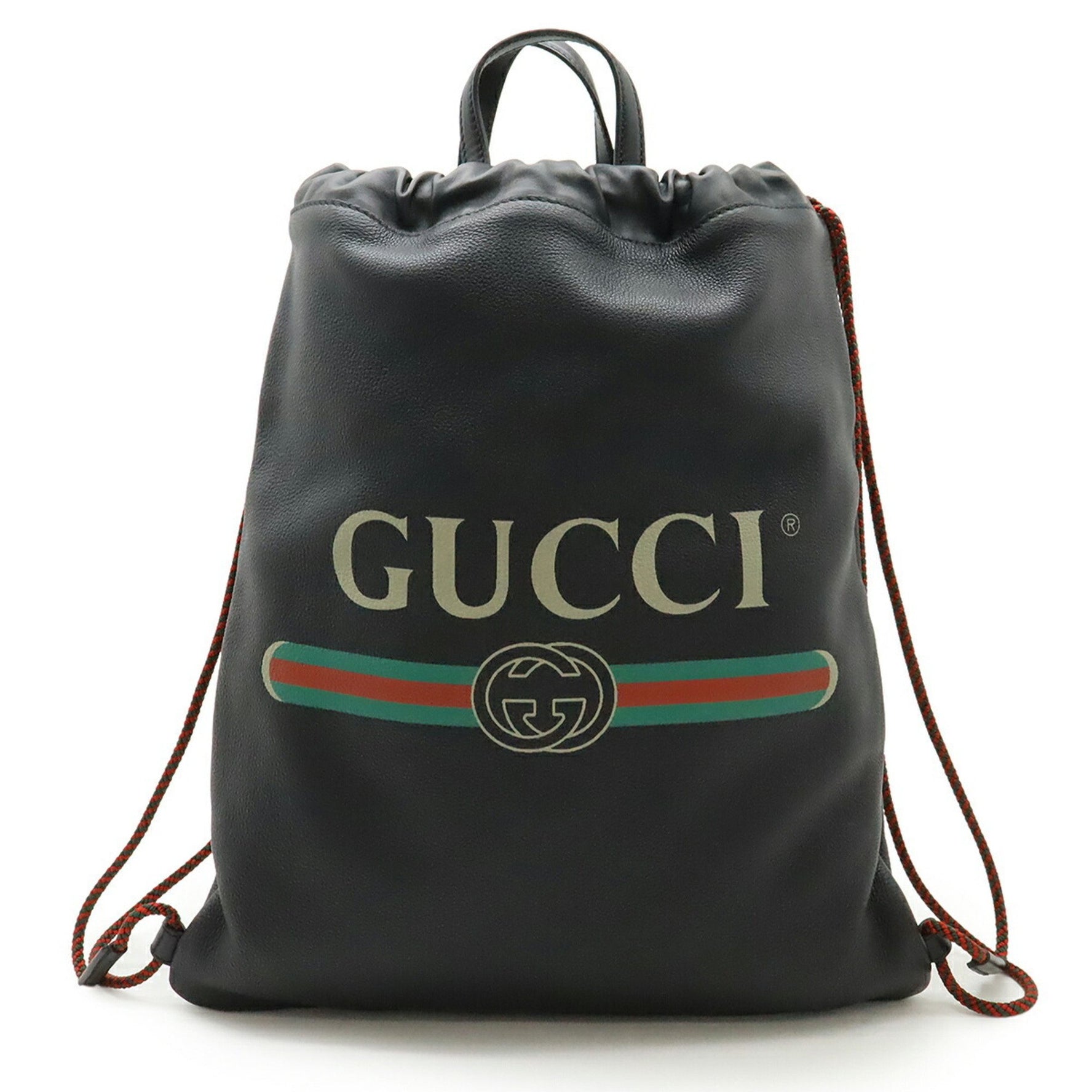 GUCCI Print Coco Capitan Drawstring Backpack/Tote Bag in Black Leather (Product Code: