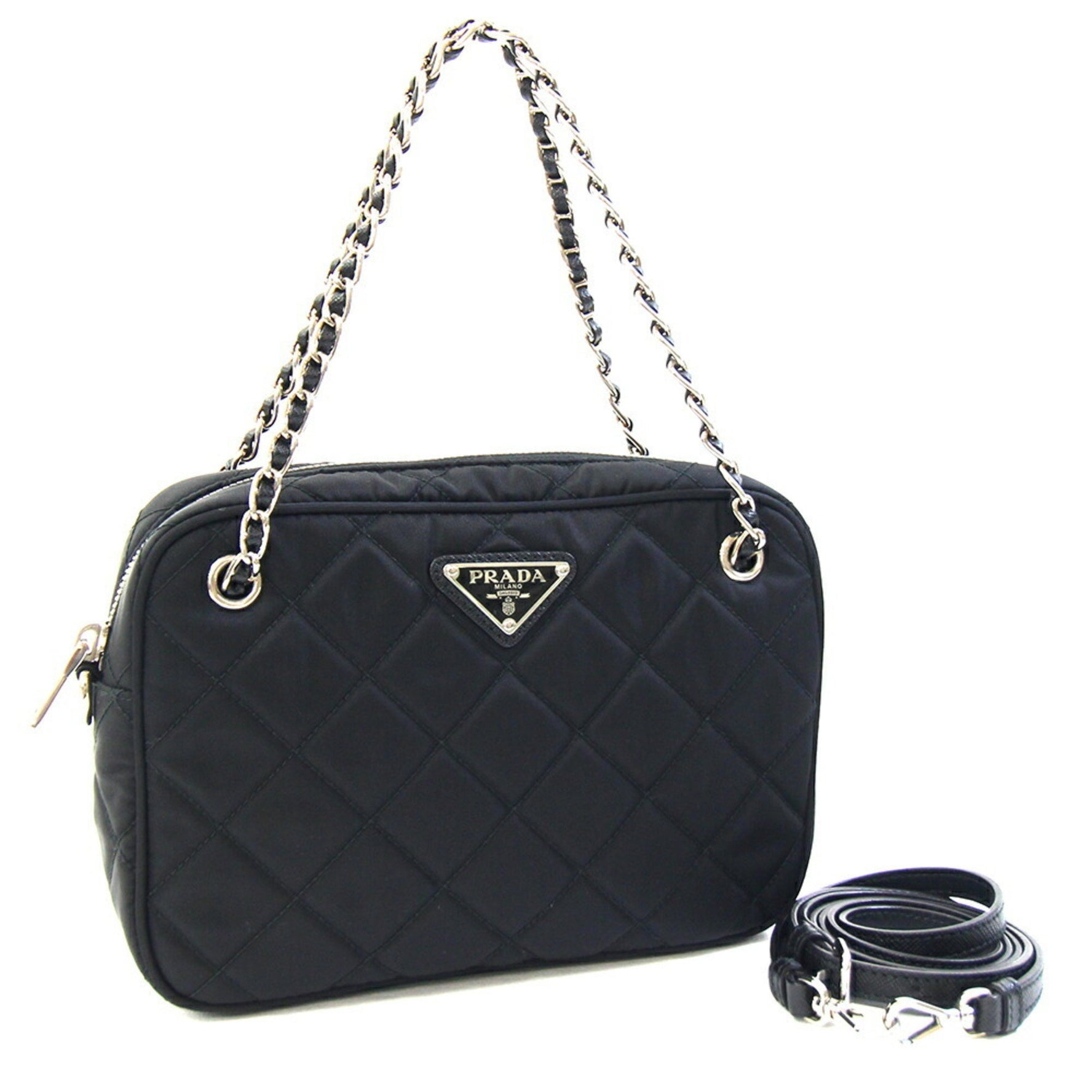 Prada Handbag Black Nylon Leather Shoulder/Crossbody Bag with Quilted Chain