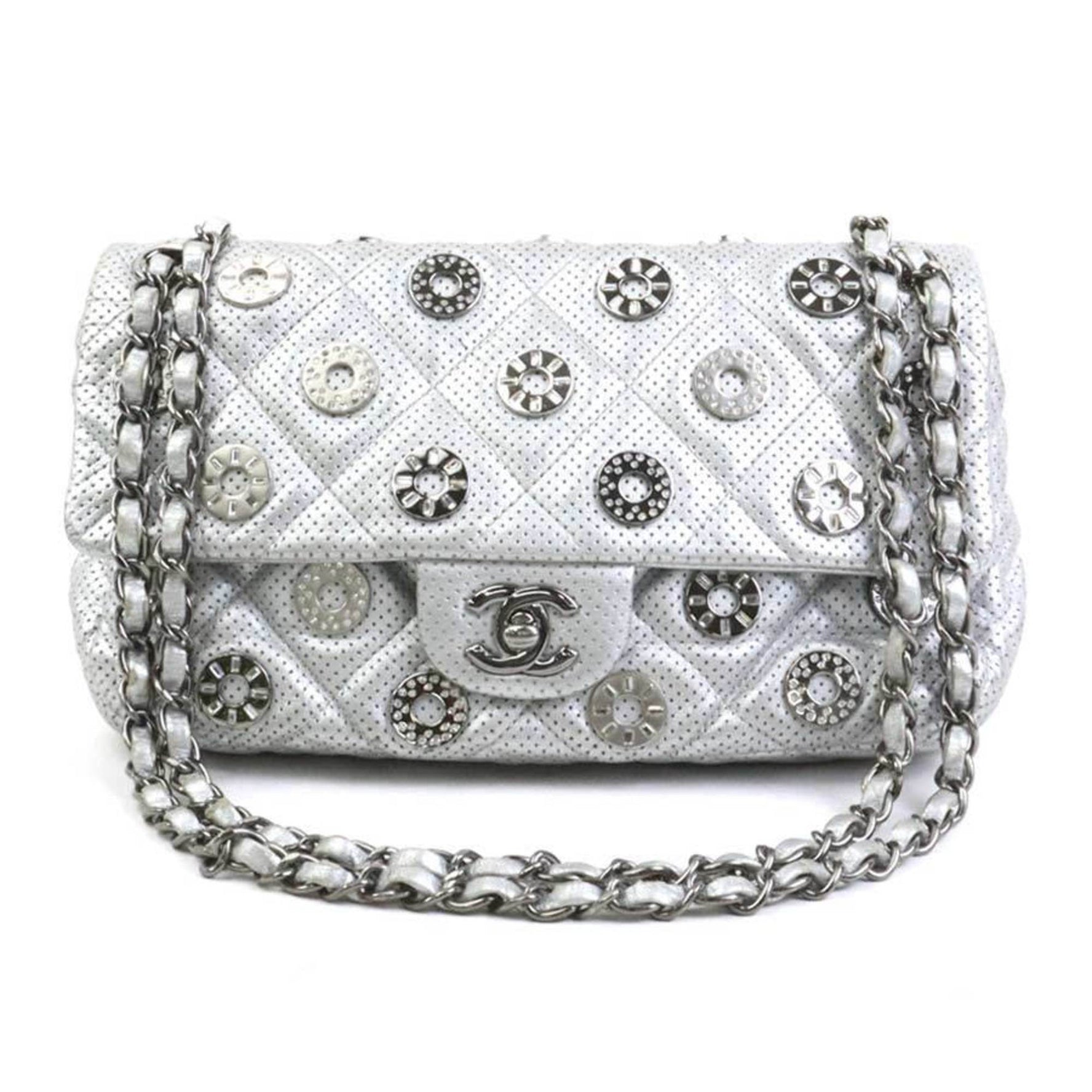 CHANEL Shoulder Bag Leather Metal Rhinestone