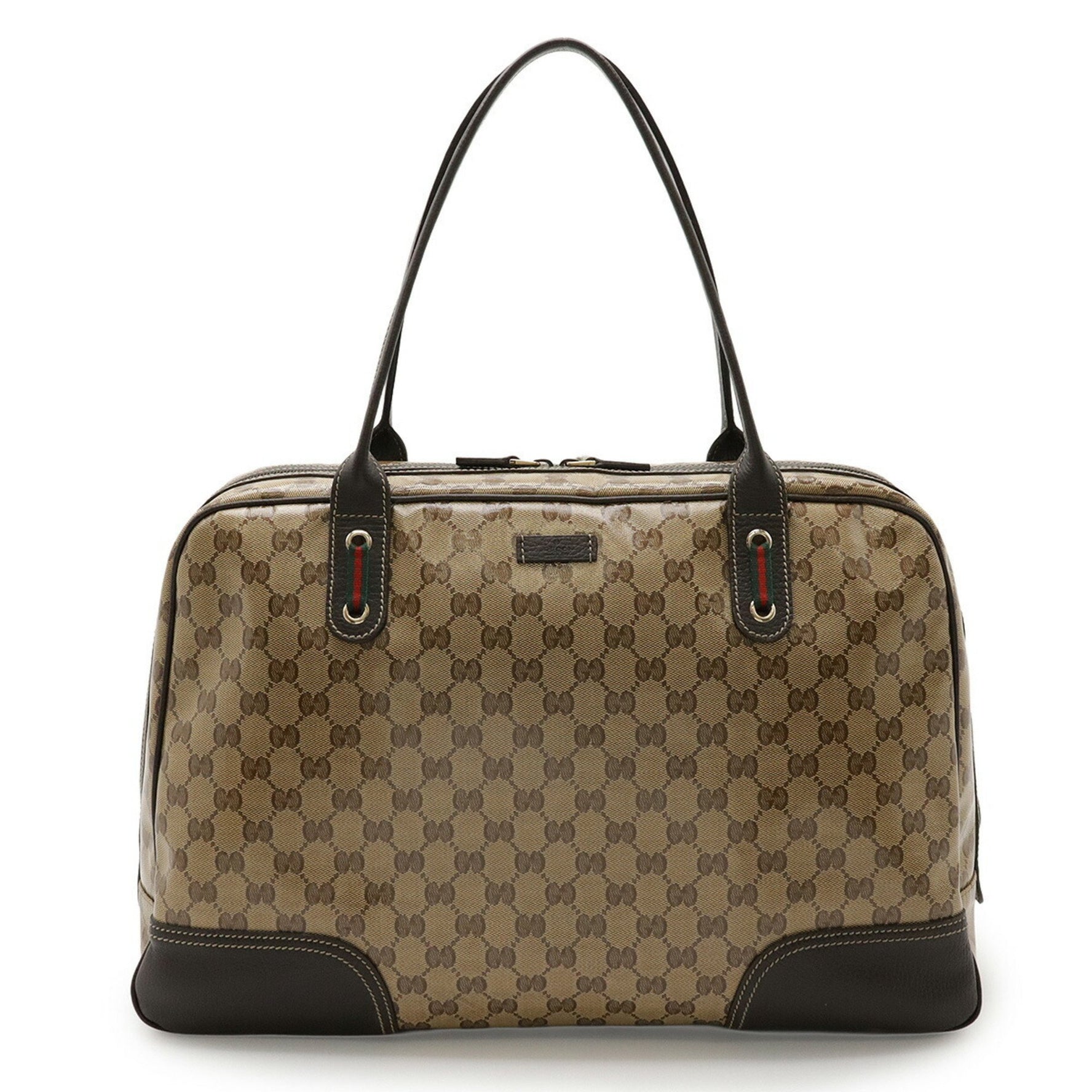 GUCCI Sherry Boston Bag, Handbag, Coated Canvas and Leather, Khaki Beige, Dark Brown