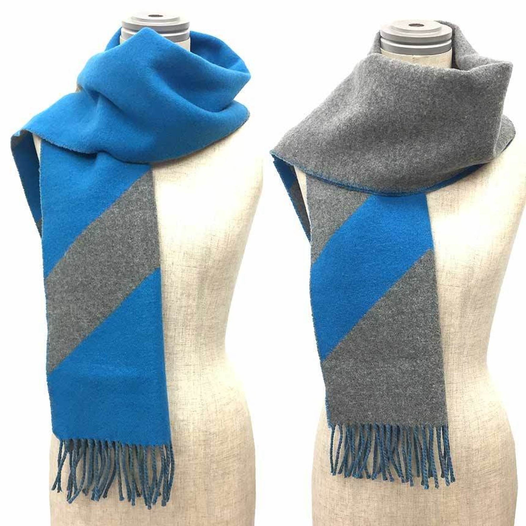 HERMES Hermes Cashmere Scarf Casaque Chevron Bicolor Stole Shawl Gray x Blue Unisex Men's Women's