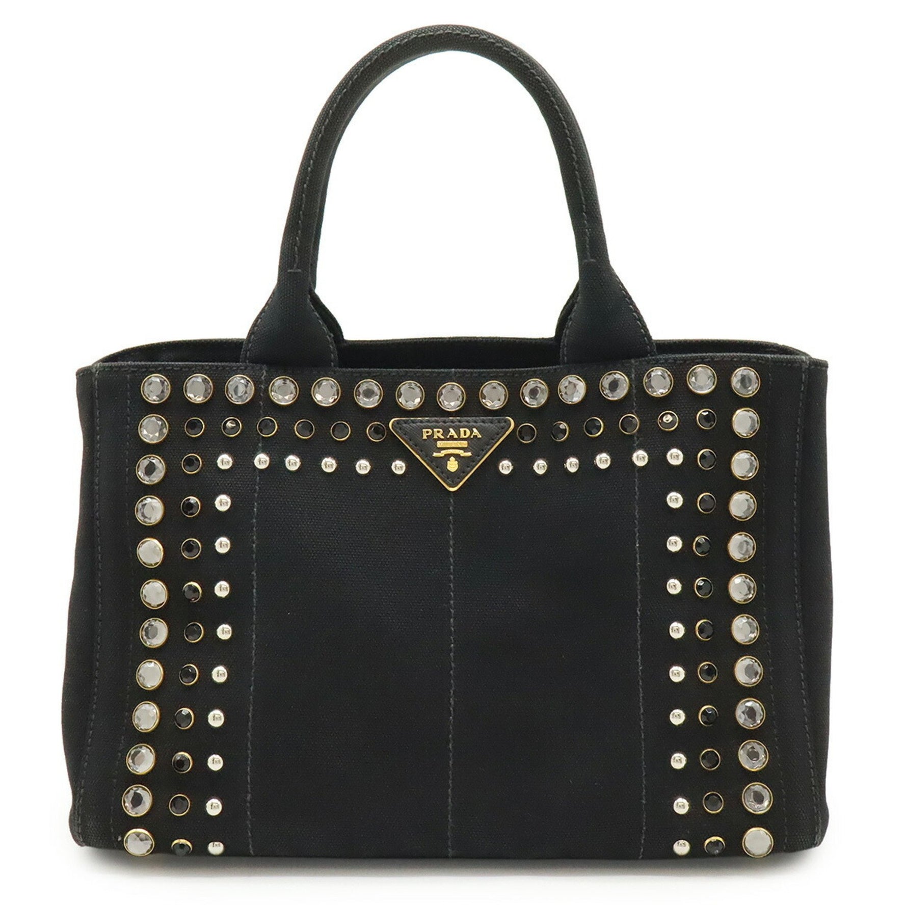 PRADA CANAPA Tote Bag, Beaded Studs, Canvas, Nero, Black, Shoulder