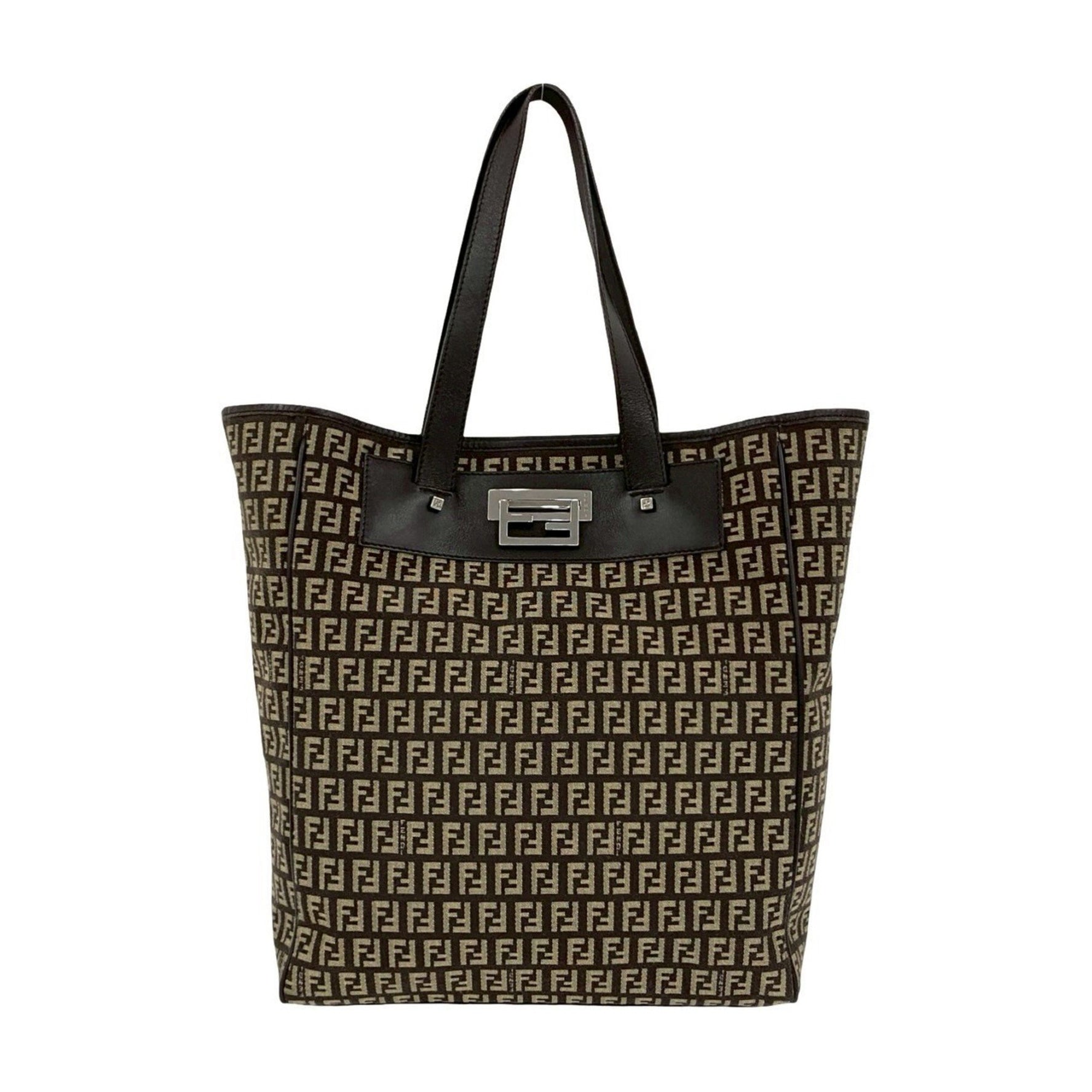 FENDI Zucchino FF pattern logo hardware canvas and leather tote bag/semi-shoulder bag