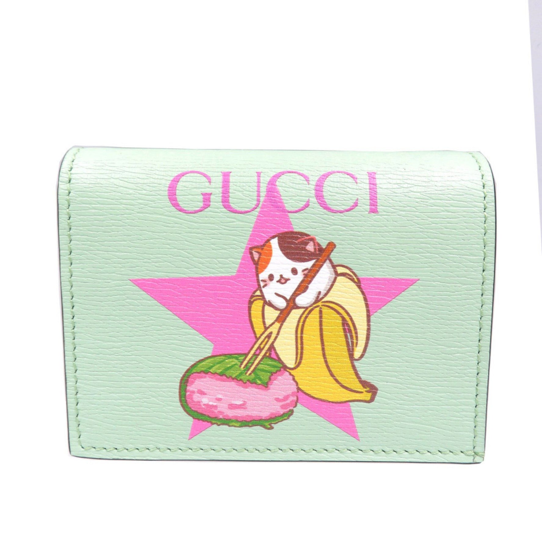 Unused Gucci Bananya Sakuramochi (cherry rice cake) Leather Bifold Wallet with Gold Hardware and Emerald Green 0075