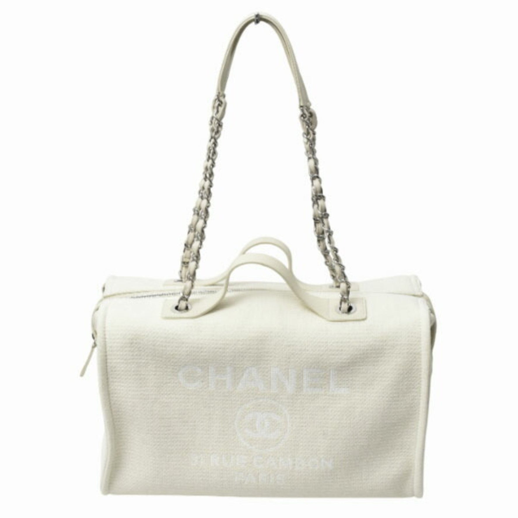 Chanel Deauville Boston Bag Shoulder Canvas Leather Ivory