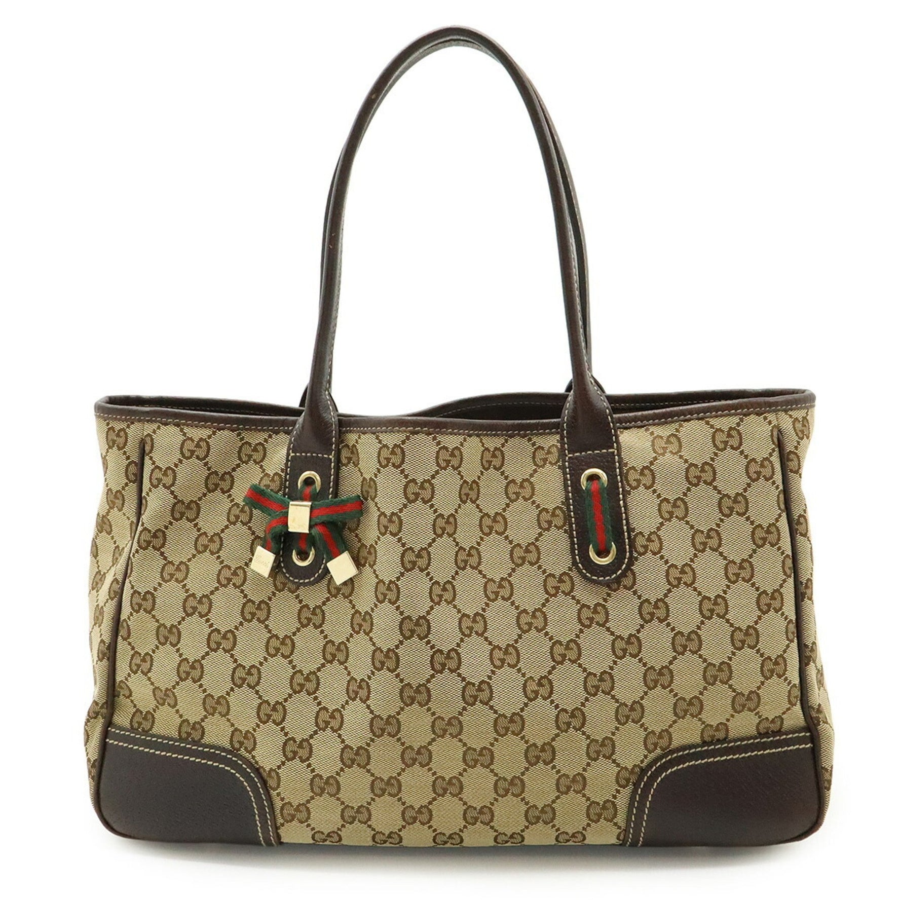 GUCCI GG Canvas Princess Line Ribbon Tote Bag Shoulder Leather Khaki Beige Dark Brown
