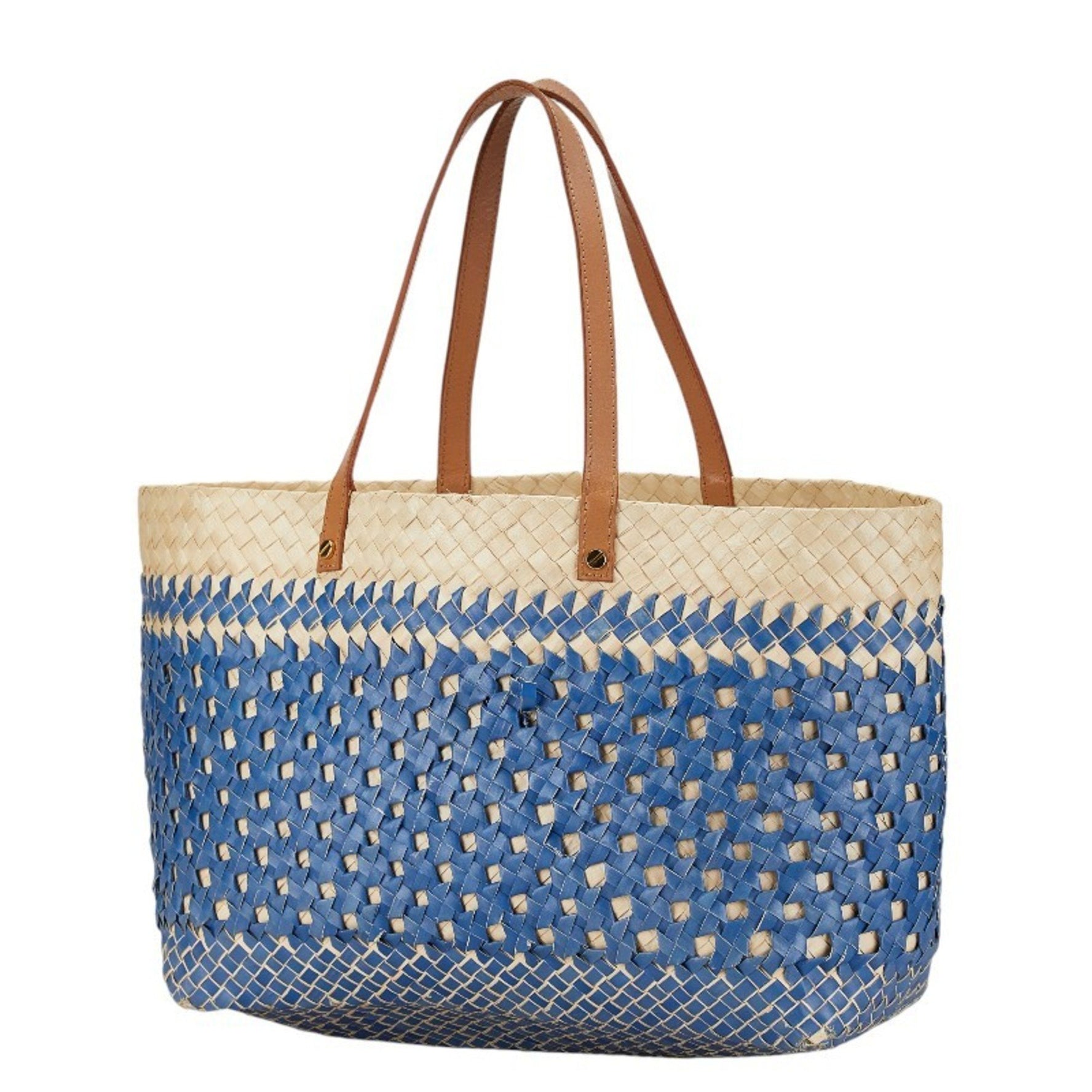 Tory Burch Tote Bag Basket Blue Beige Raffia Leather Women's