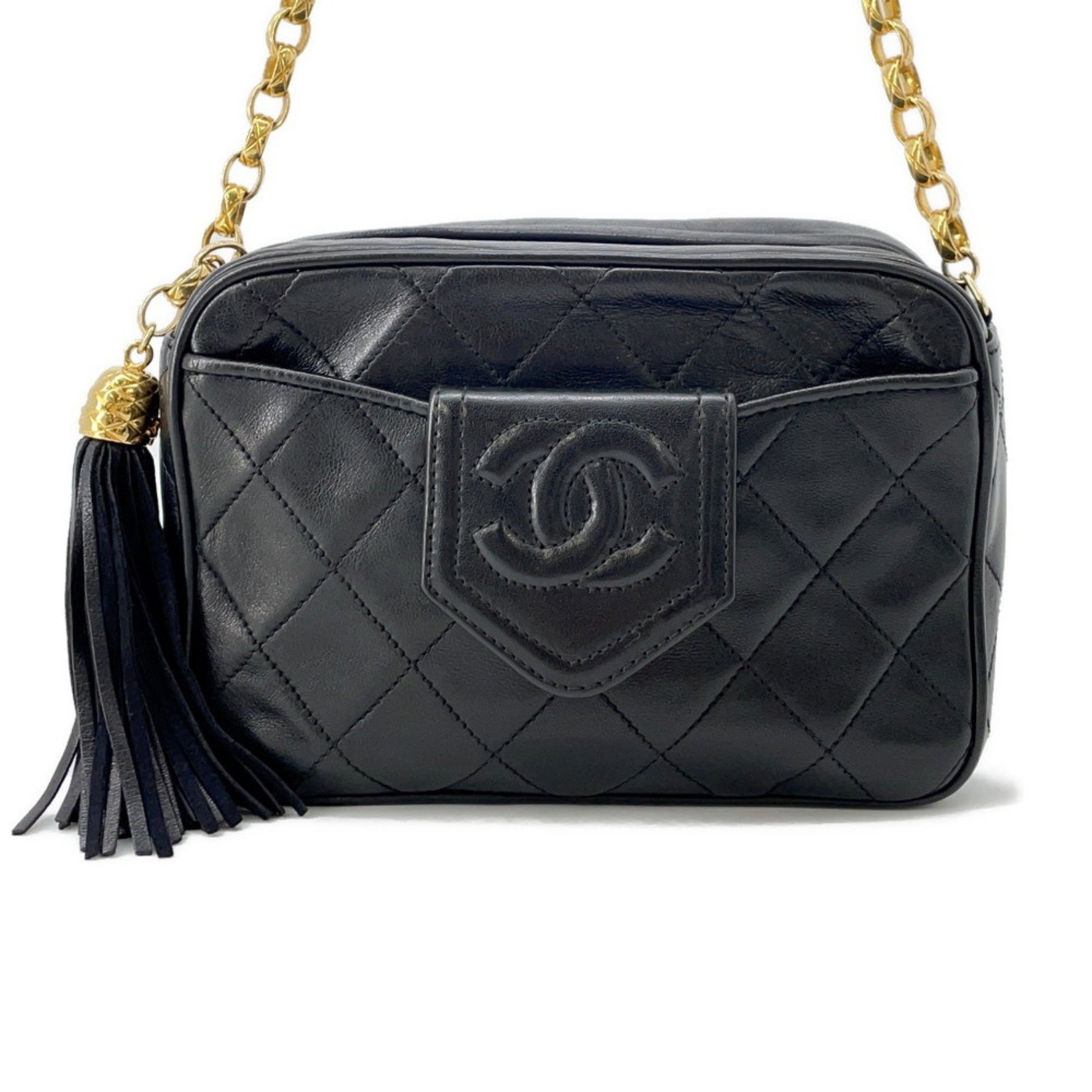 Chanel chain shoulder bag with Matelasse Coco mark and tassel, lambskin