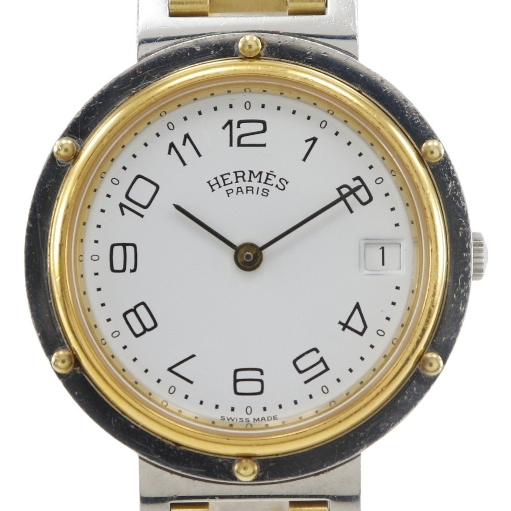 Hermès Clipper Watch, Stainless Steel with Gold Plated Quartz Movement, Analog Display, White Dial, Unisex