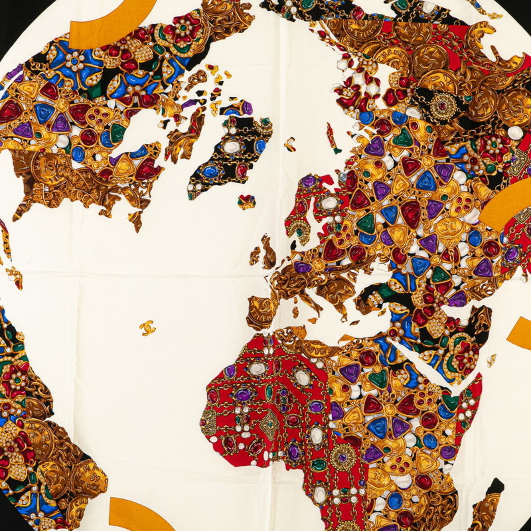 Chanel Coco Mark Jewelry Accessory Motif Scarf Muffler White Black Multicolor Silk