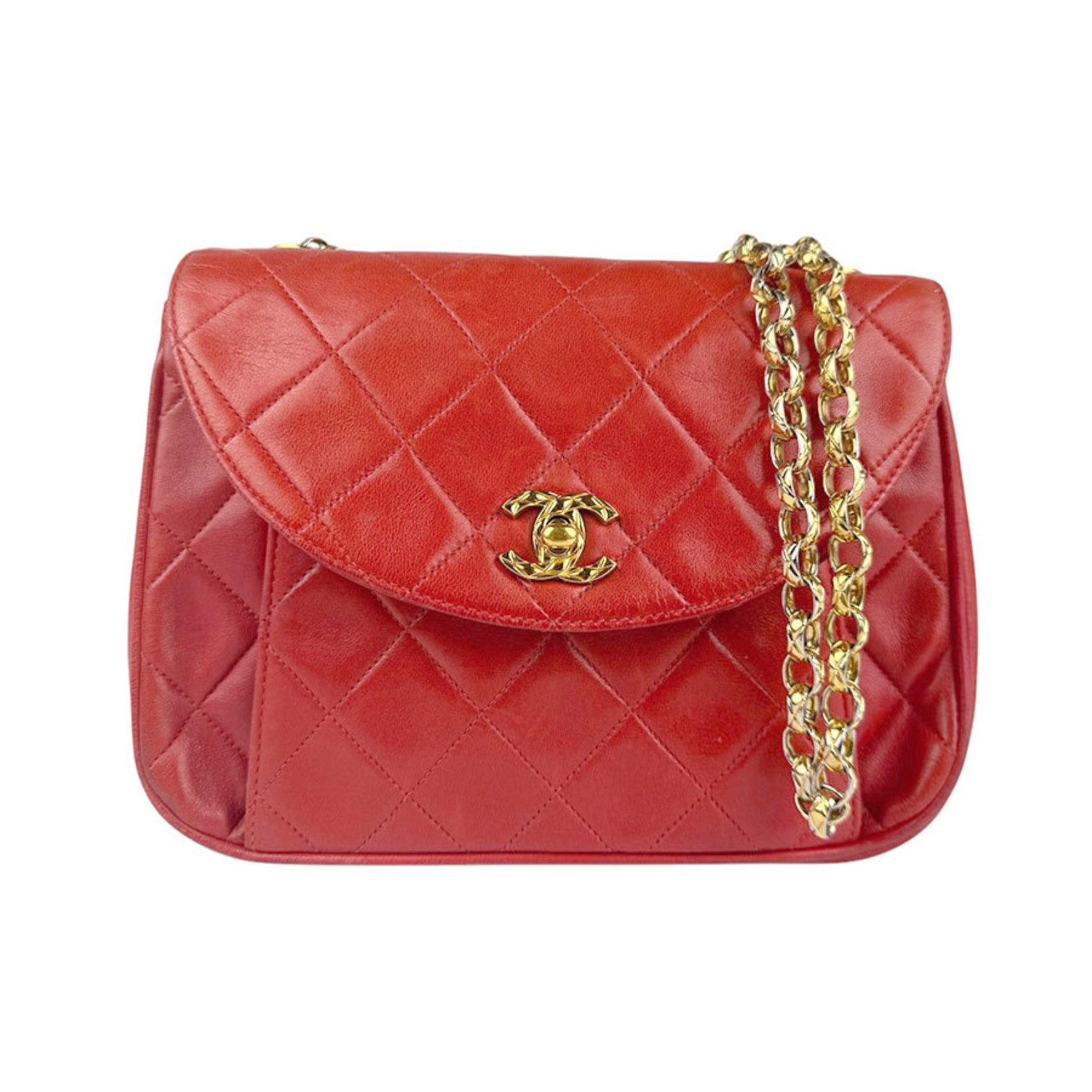 CHANEL Shoulder Bag Leather Red Gold