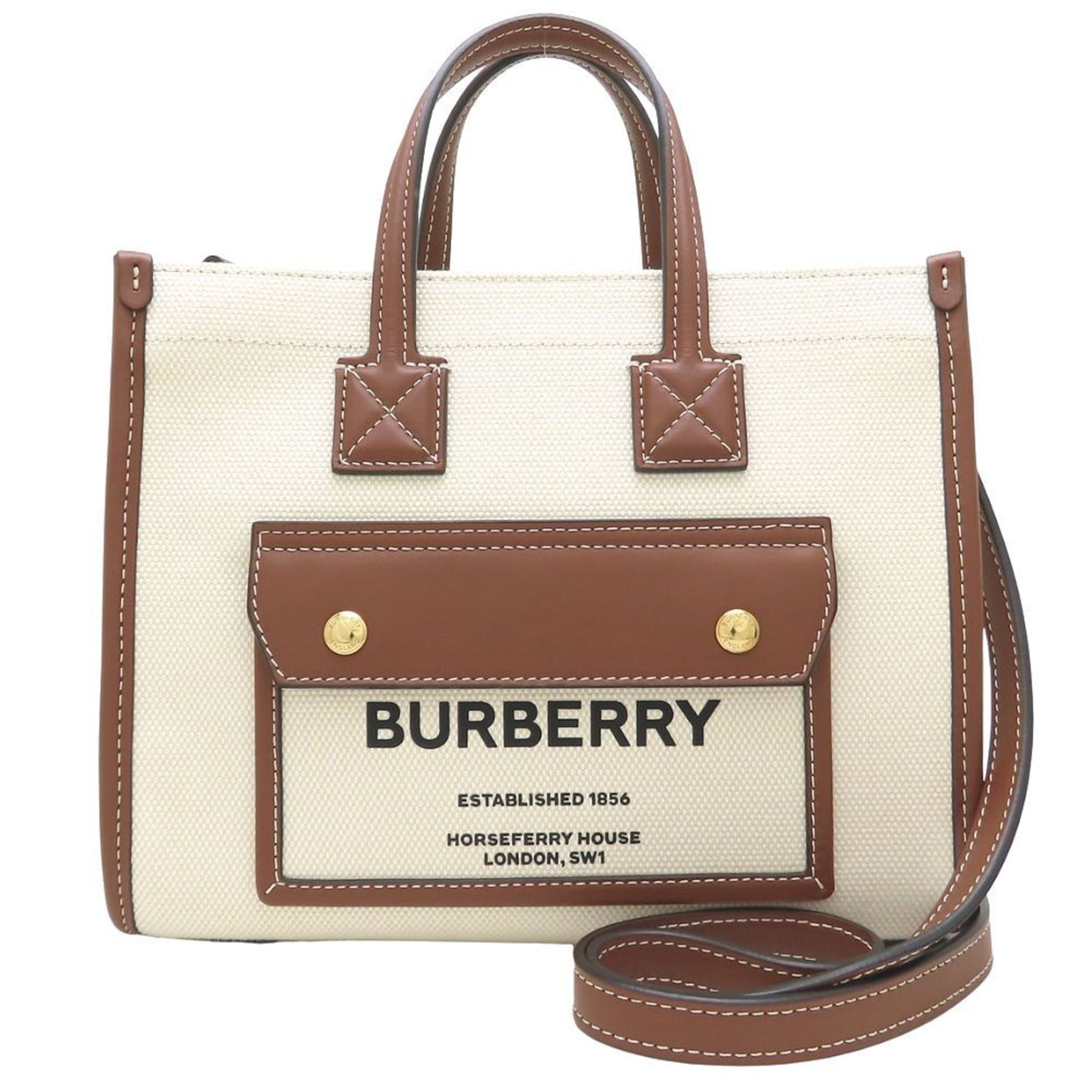 BURBERRY Mini Freya Tote Shoulder bag Canvas x leather Natural Tan