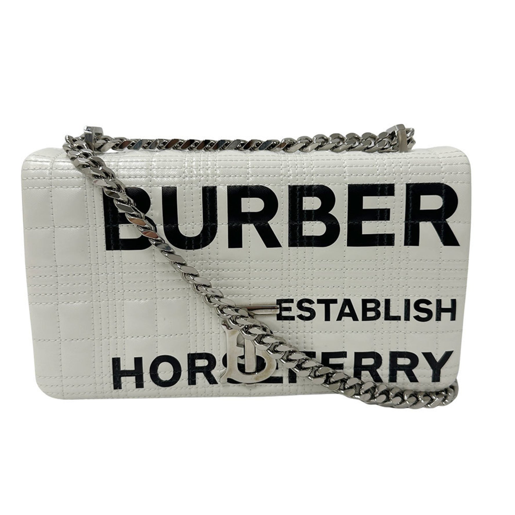 Burberry Women's Shoulder Bag Leather PVC Horseferry Lola White Chain Quilted