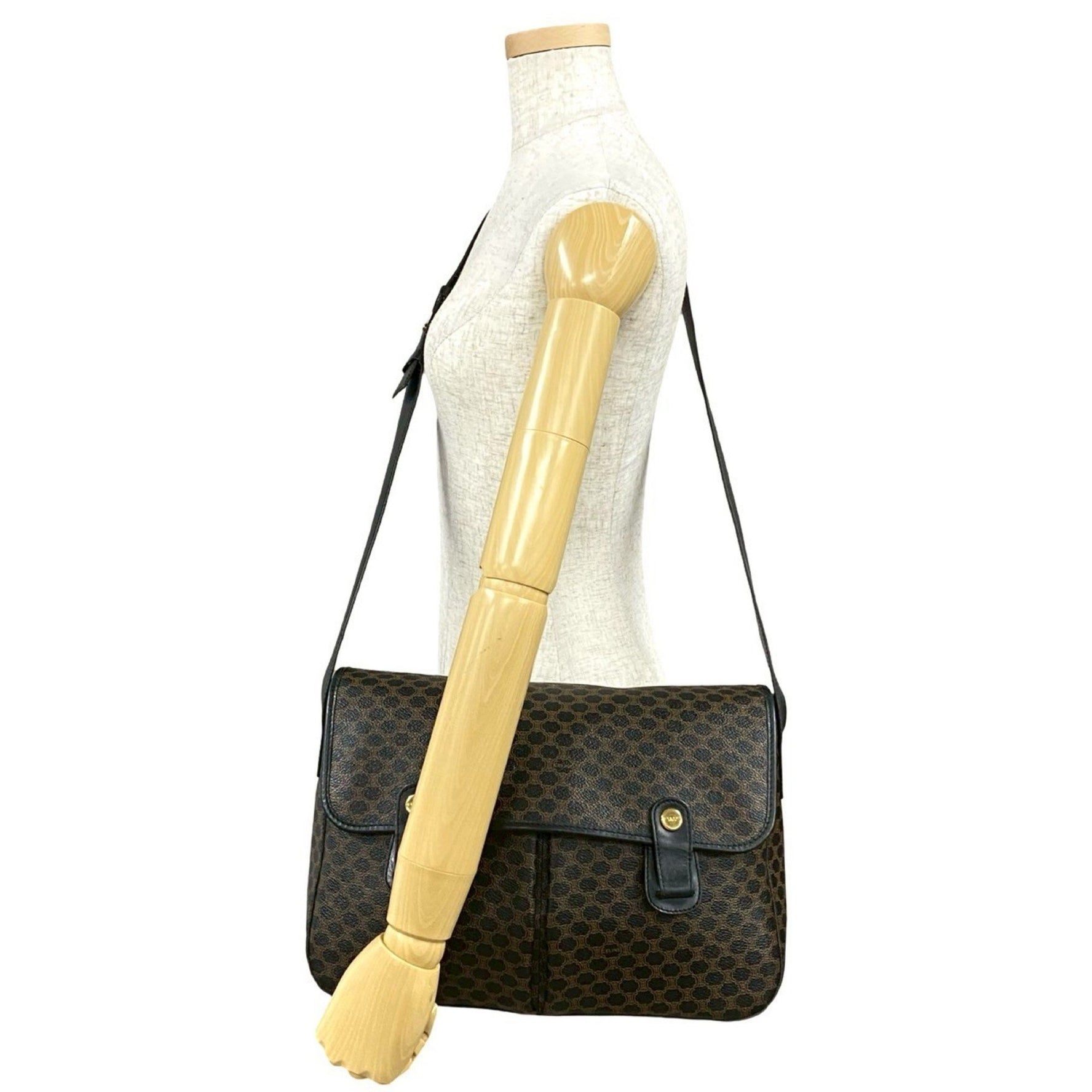 CELINE Macadam Blason Triomphe Leather Shoulder Bag/Pochette in Black and Brown