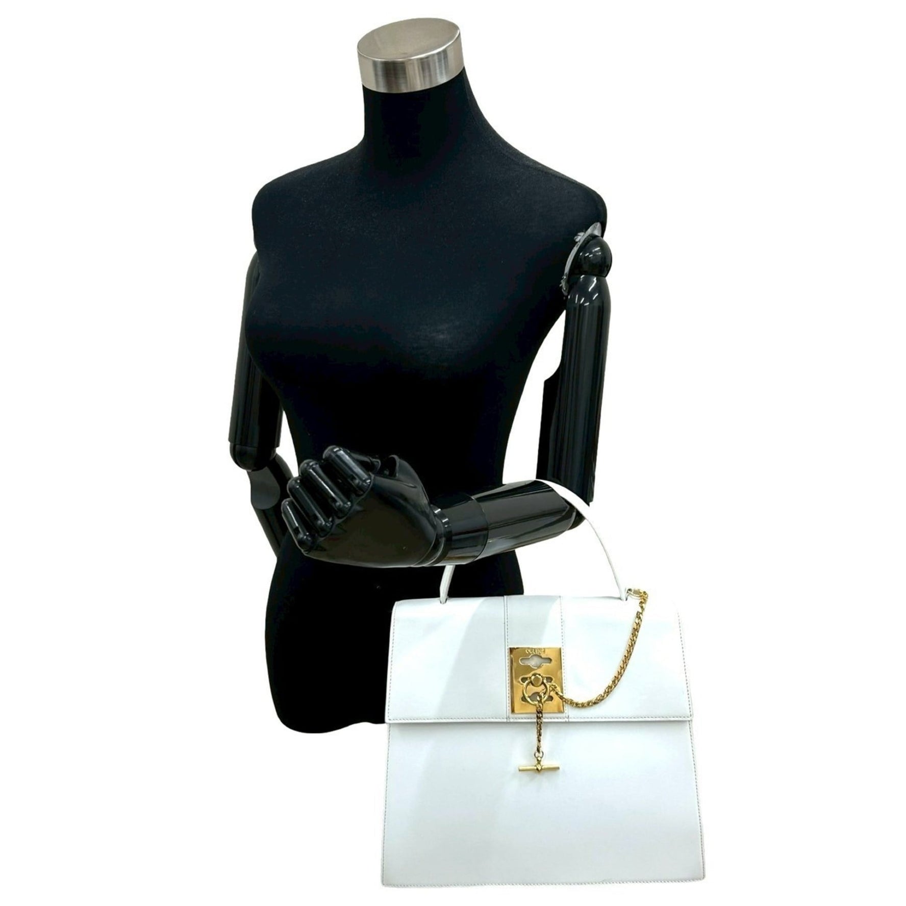 CELINE Logo Ring Calf Leather Chain Handbag Tote Bag