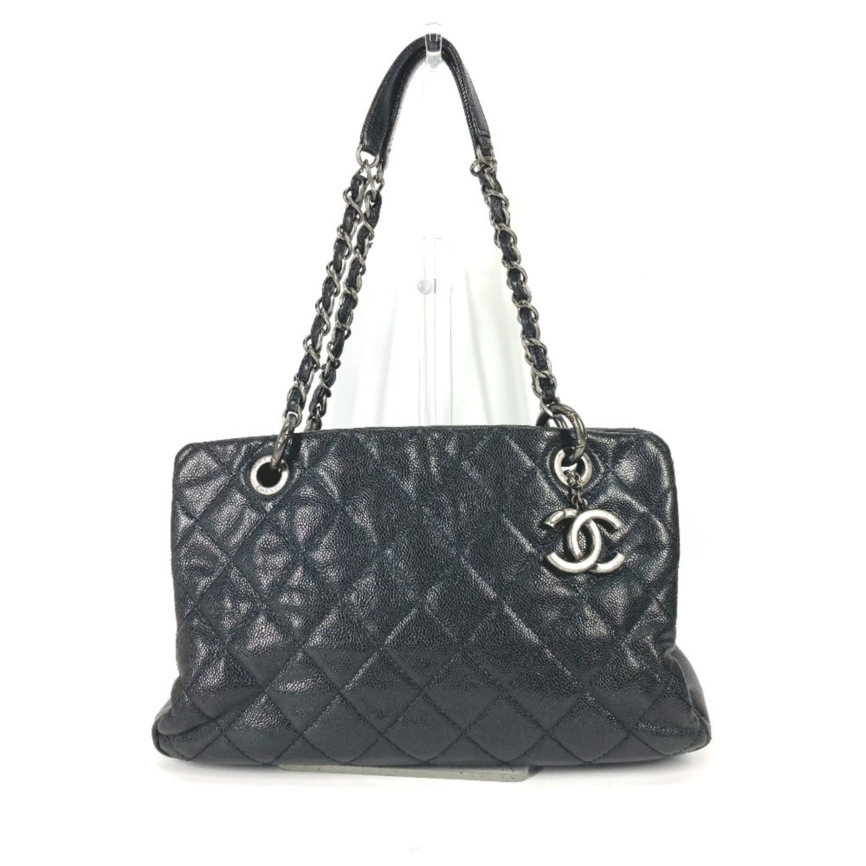 CHANEL CC Coco Mark Chain Matelasse Quilted Tote Bag Shoulder in Caviar Skin