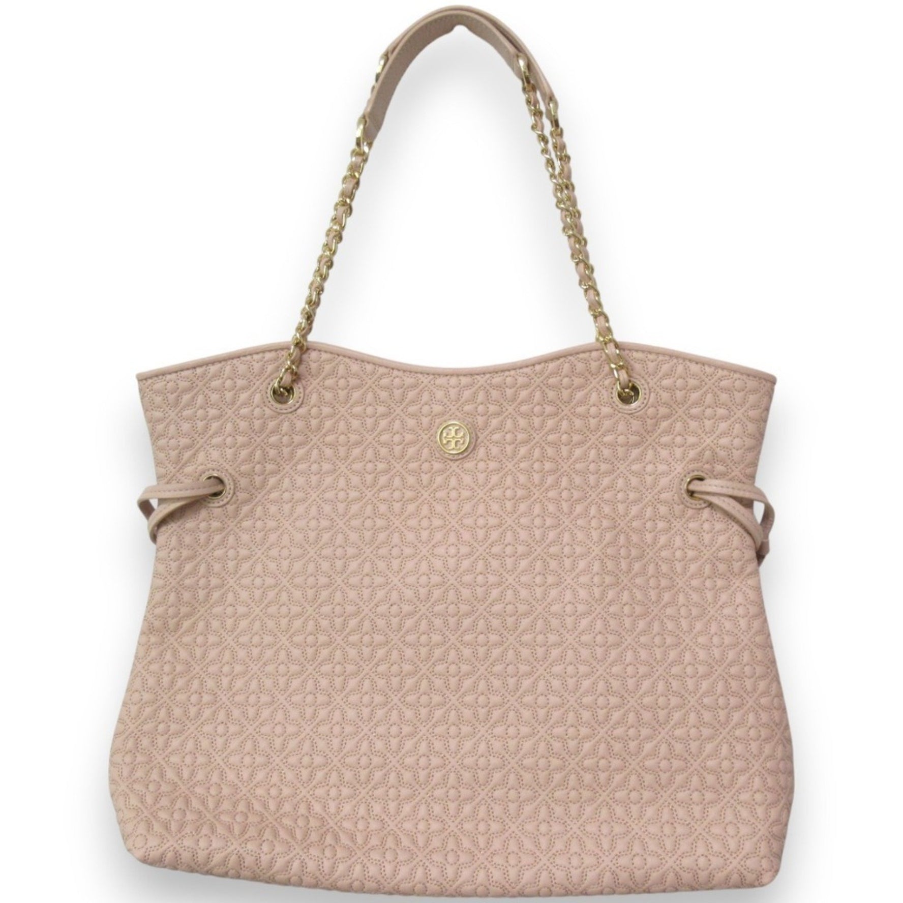 Tory Burch BRYANT QUILTED SLOUCHY TOTE Chain Handle Tote Bag Pink Beige