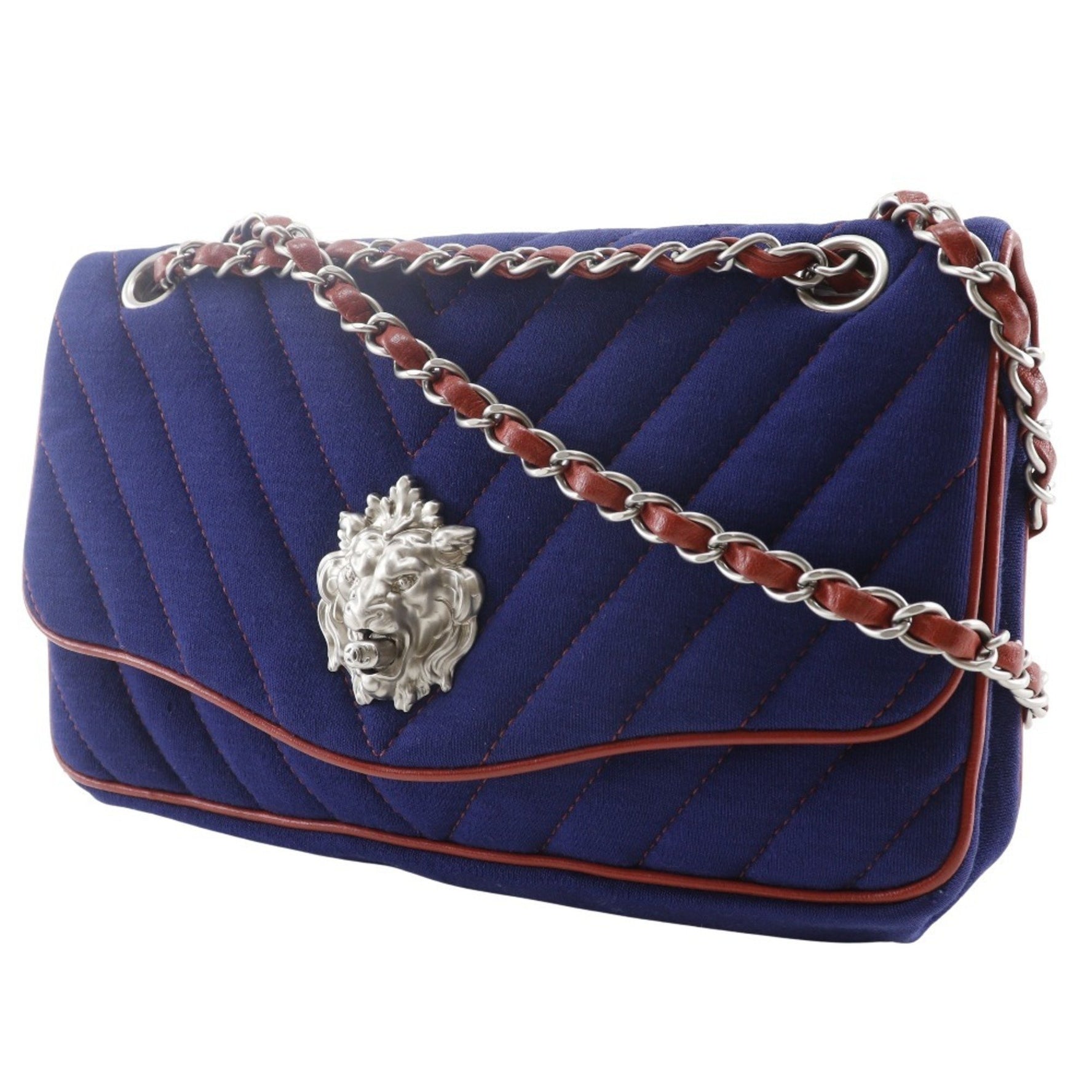 CHANEL Double Chain Shoulder Bag, V-Stitch, Lion Chevron, Cotton, 2010, Navy/Red, Turnlock